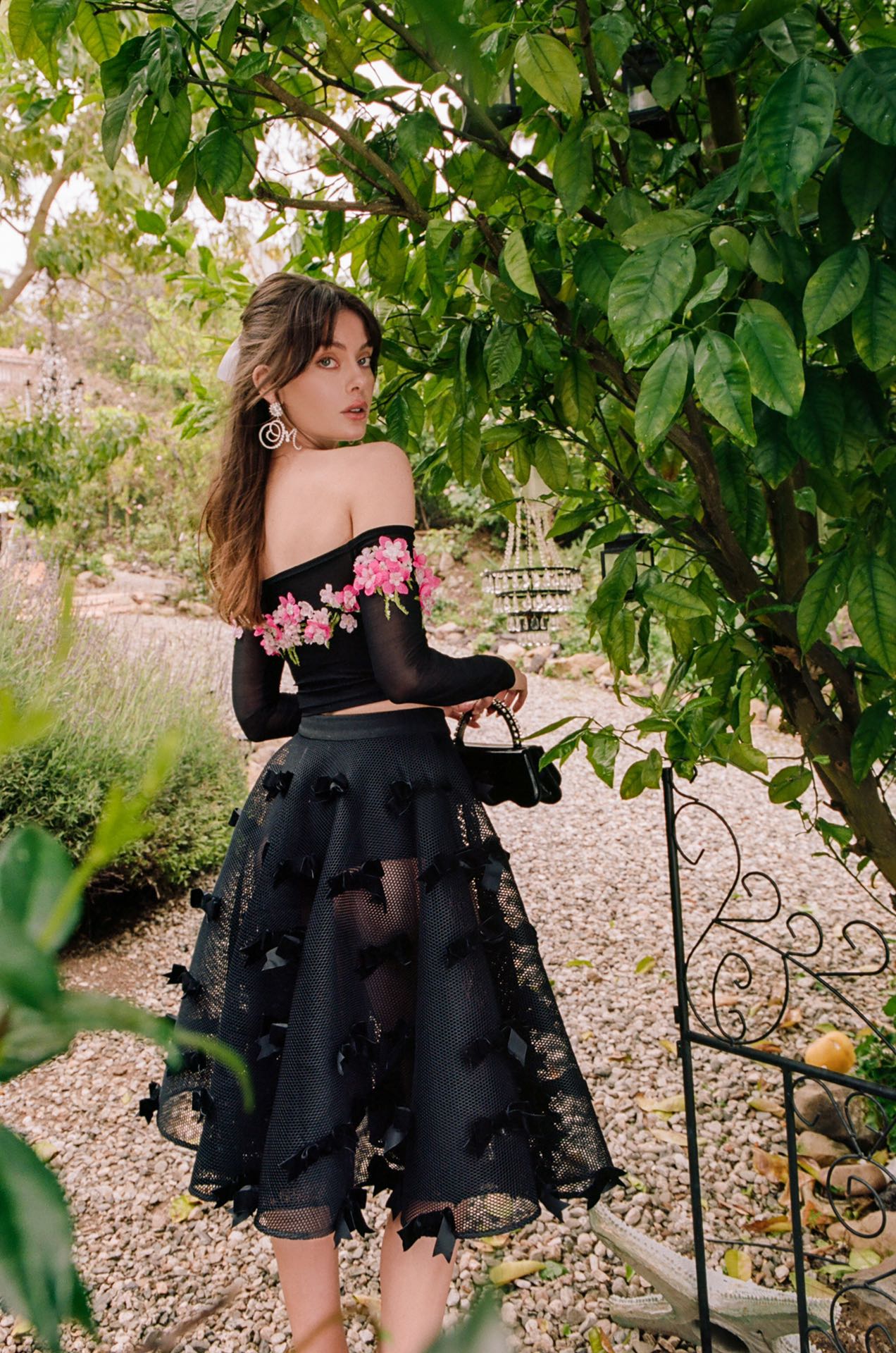 Masion Wester Black Iris Embroidered Top& Black Bow Mesh Skirt
