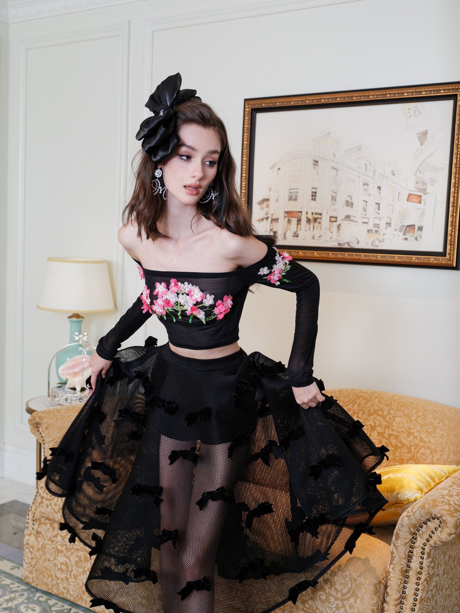 Masion Wester Black Iris Embroidered Top& Black Bow Mesh Skirt