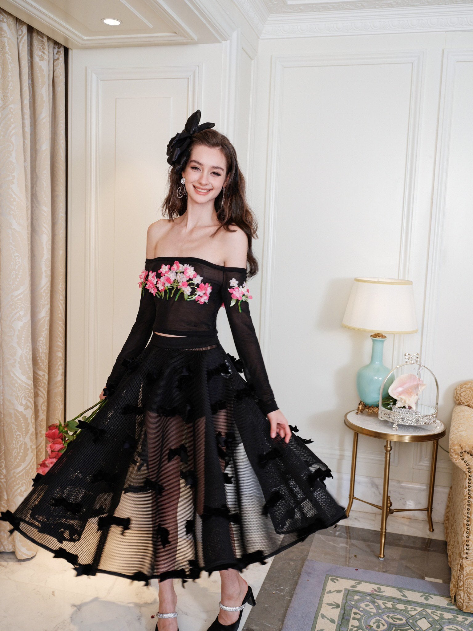 Masion Wester Black Iris Embroidered Top& Black Bow Mesh Skirt