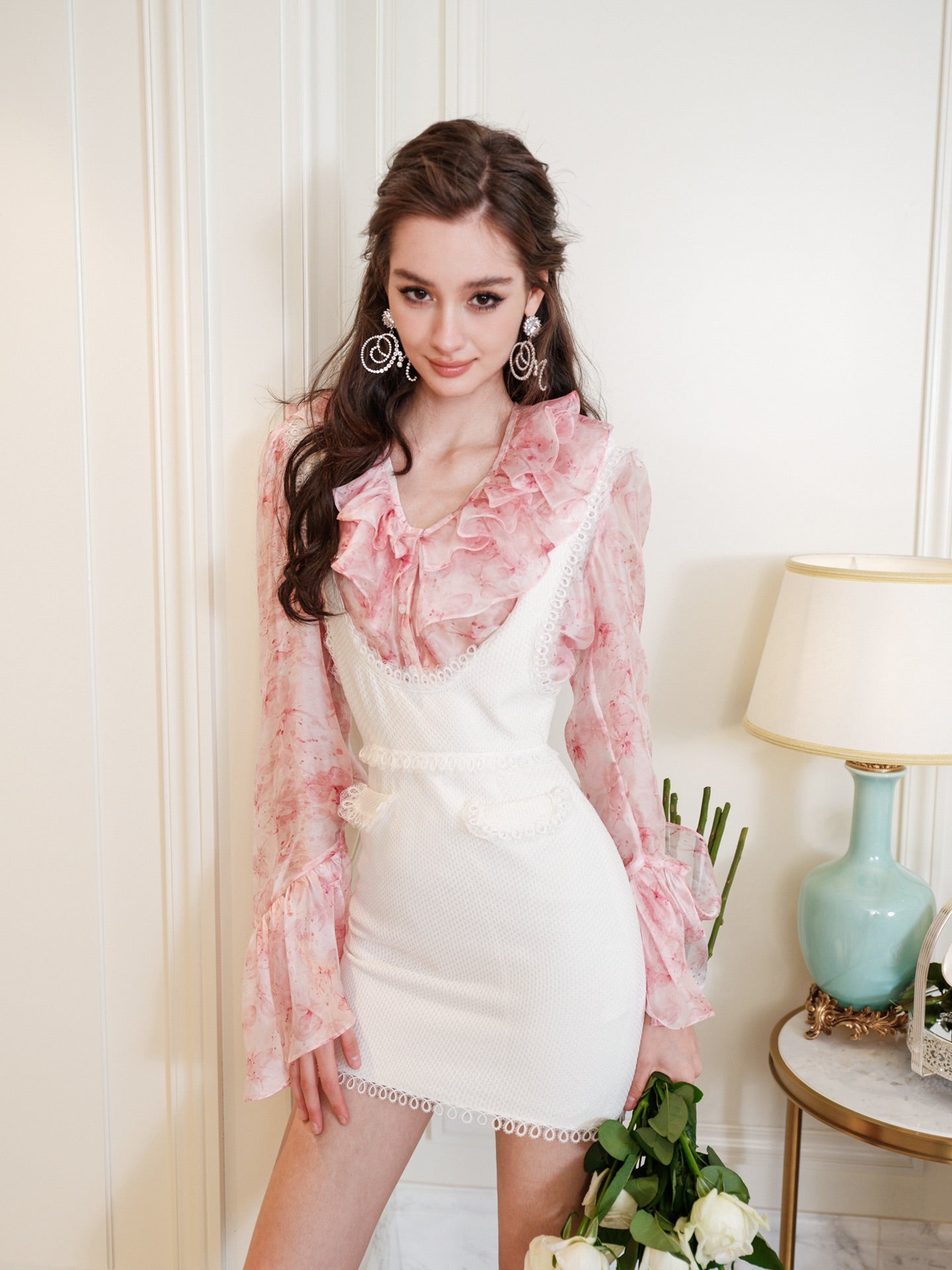 Masion Wester Printed Shirt & White Lace Suspended Dress