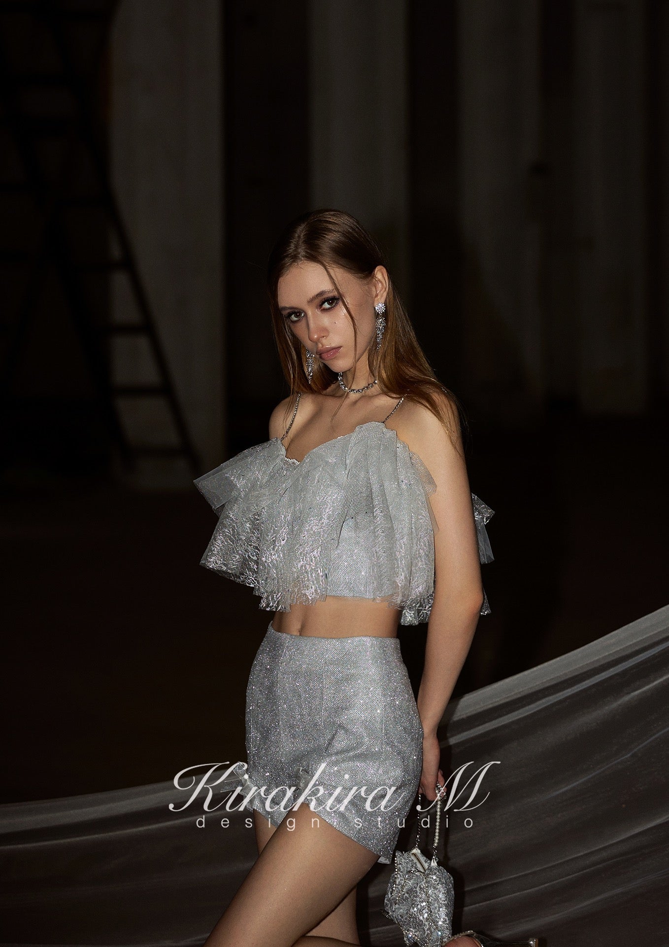 Kirakira.M Silver sparkling layered lace top OR shorts