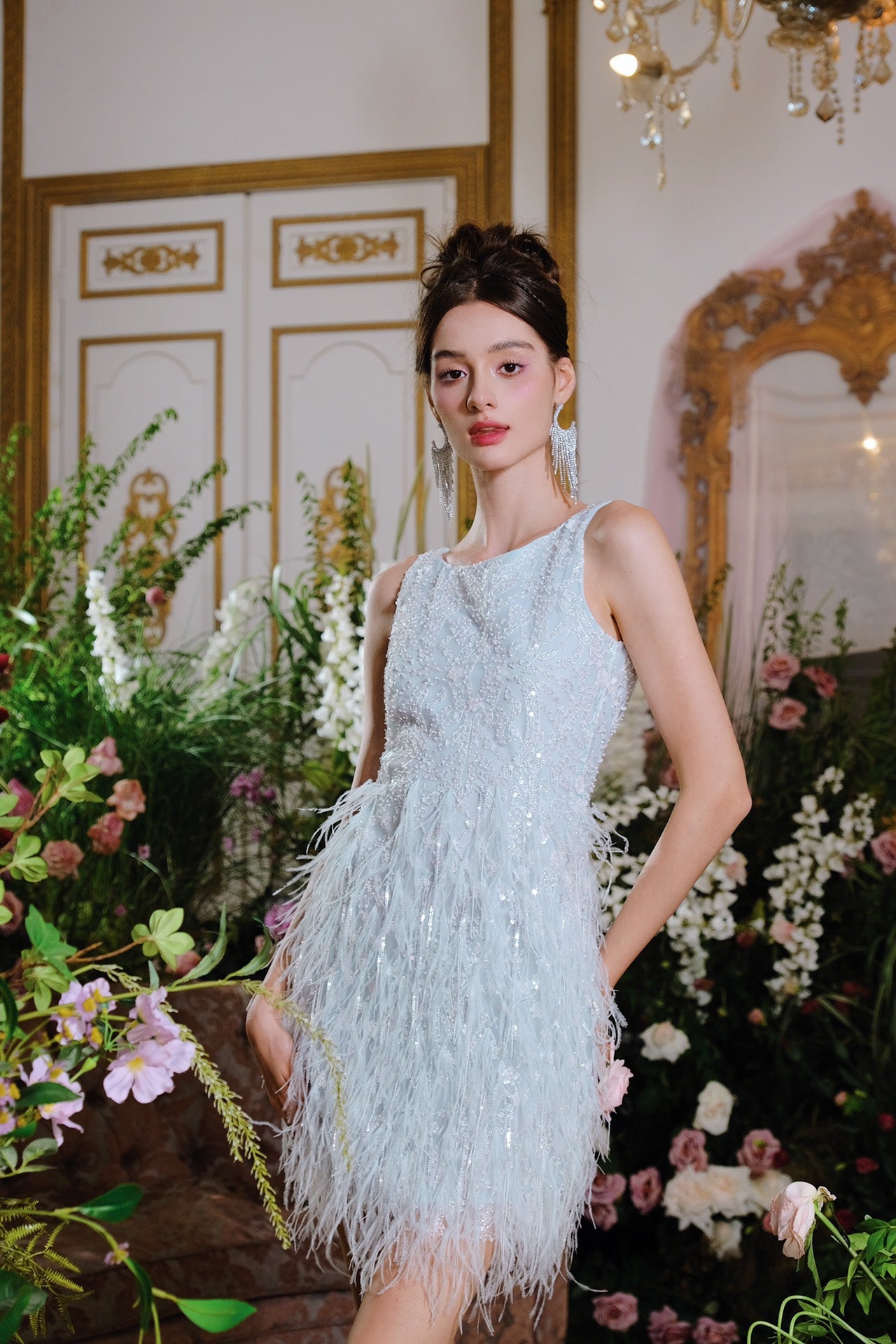 Wardrobes by chen Sequin Pearl Tassel Feather Dress