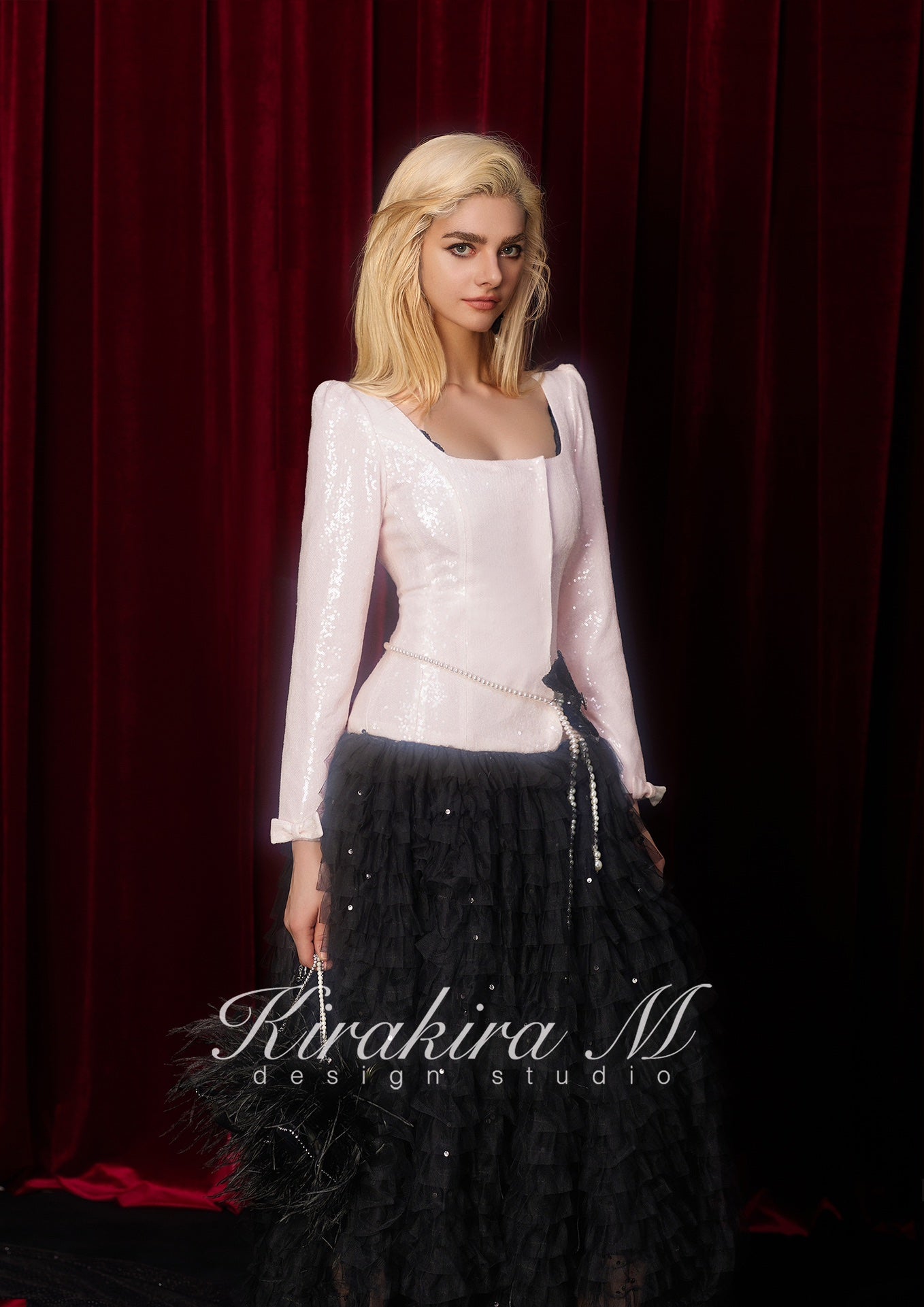 Kirakira.M Pink gleamy with black layeredlong dress (with belt)