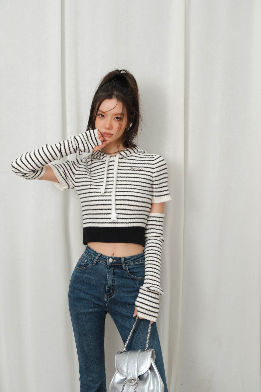 LAFREEDOM SALE SLEEVE STRIPE HOODIE KNIT TOP