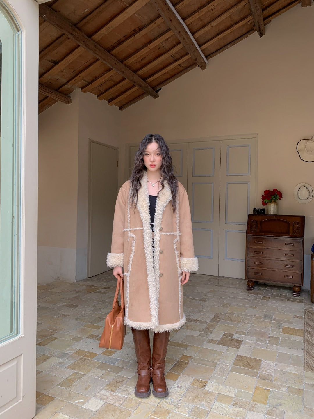LAFREEDOM SALE Leather and Fur Maxi Coat(2color)