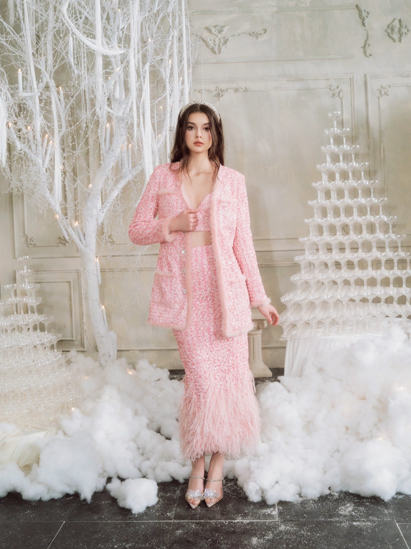 Wardrobes by chen Shiny Pink Sequin Feather Set(Separate)