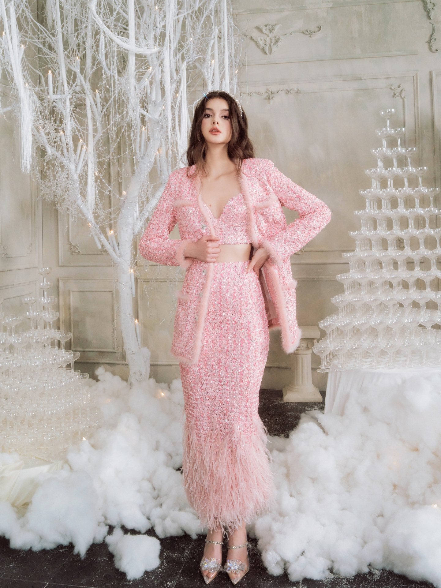 Wardrobes by chen Shiny Pink Sequin Feather Set(Separate)