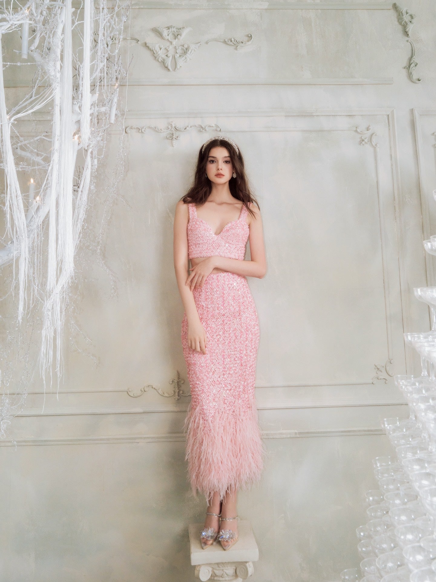 Wardrobes by chen Shiny Pink Sequin Feather Set(Separate)
