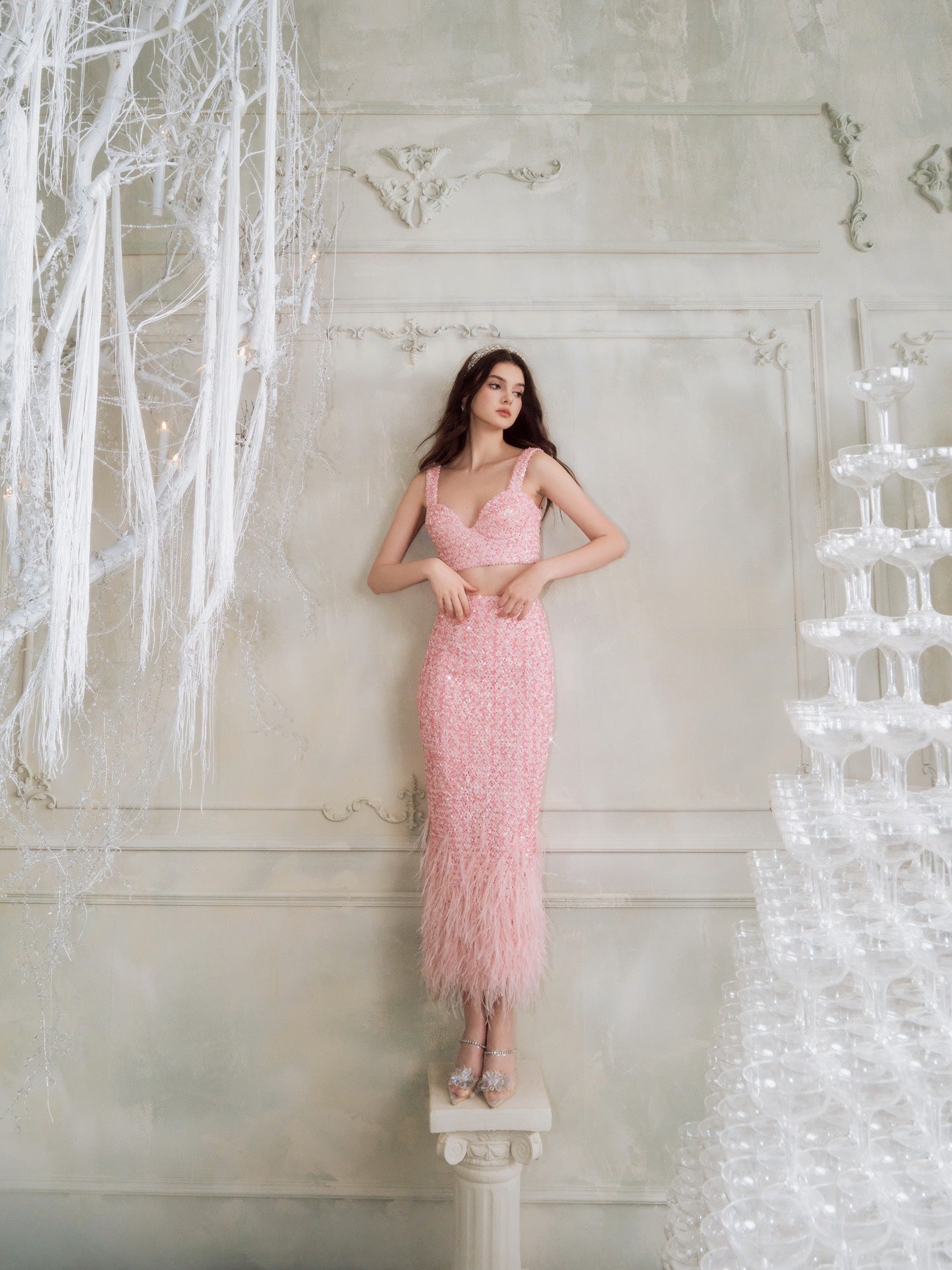 Wardrobes by chen Shiny Pink Sequin Feather Set(Separate)