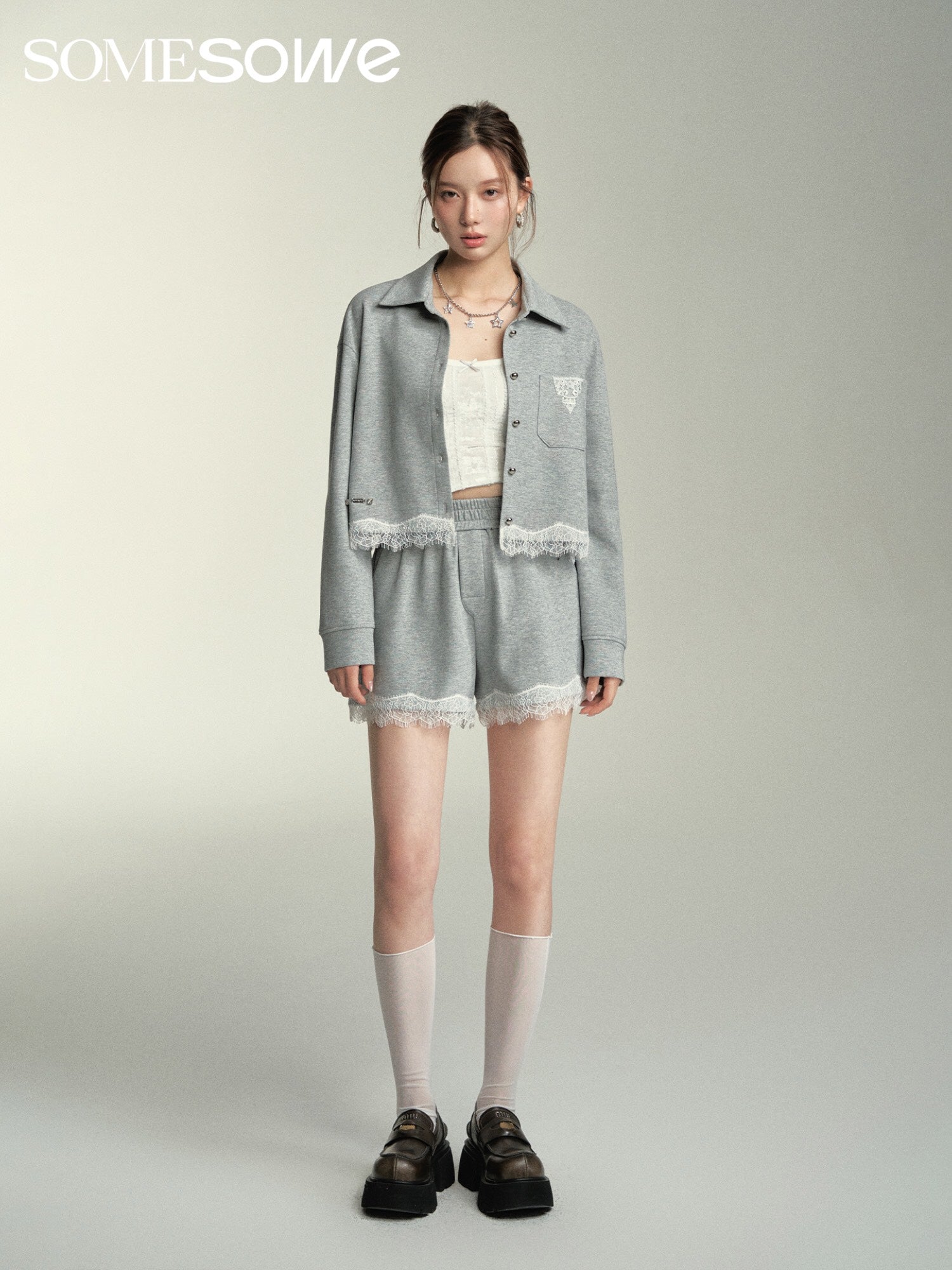 SOMESOWE Lace Hooded Cardigan Or Shorts Set(Separate)