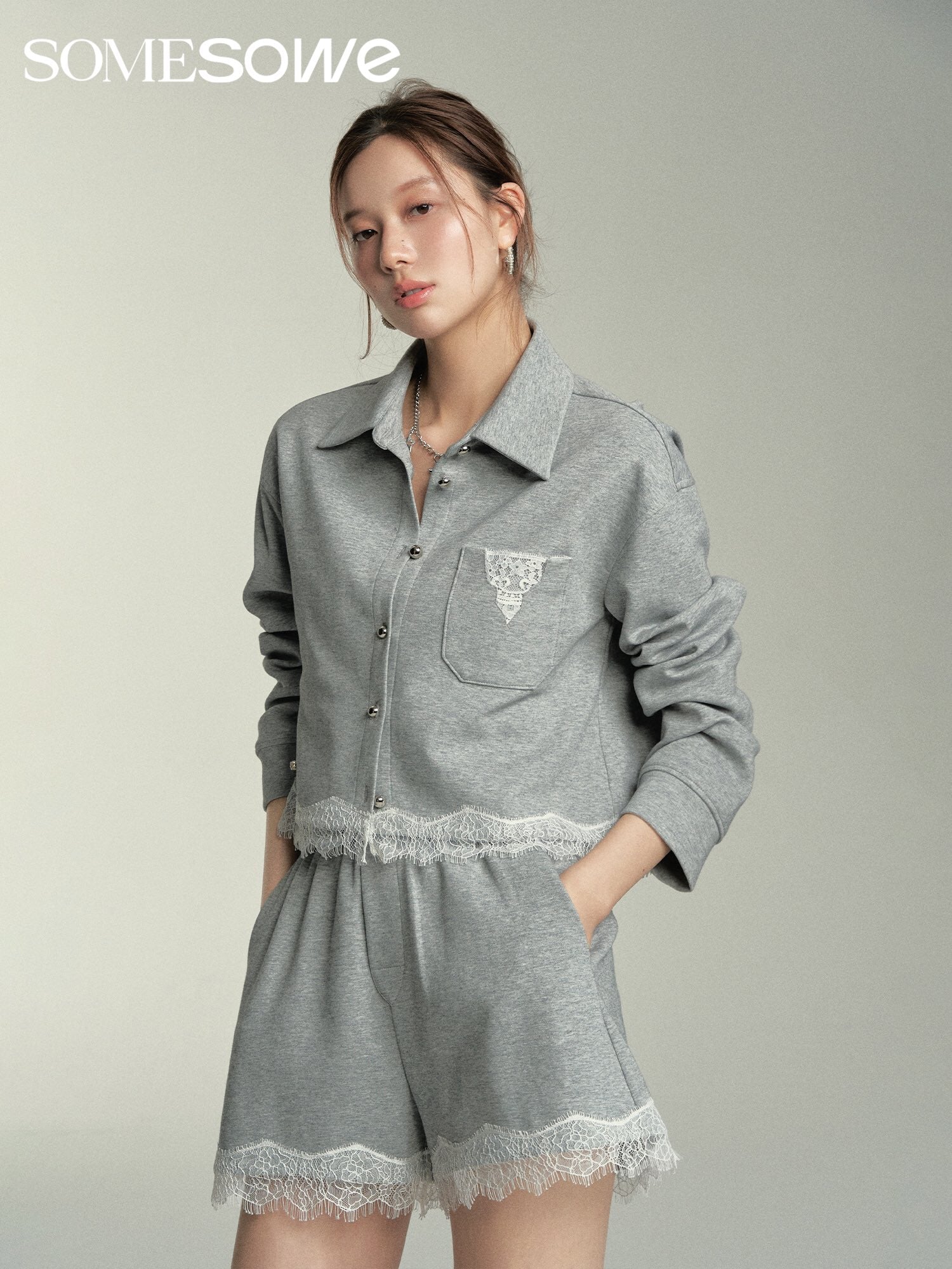 SOMESOWE Lace Hooded Cardigan Or Shorts Set(Separate)