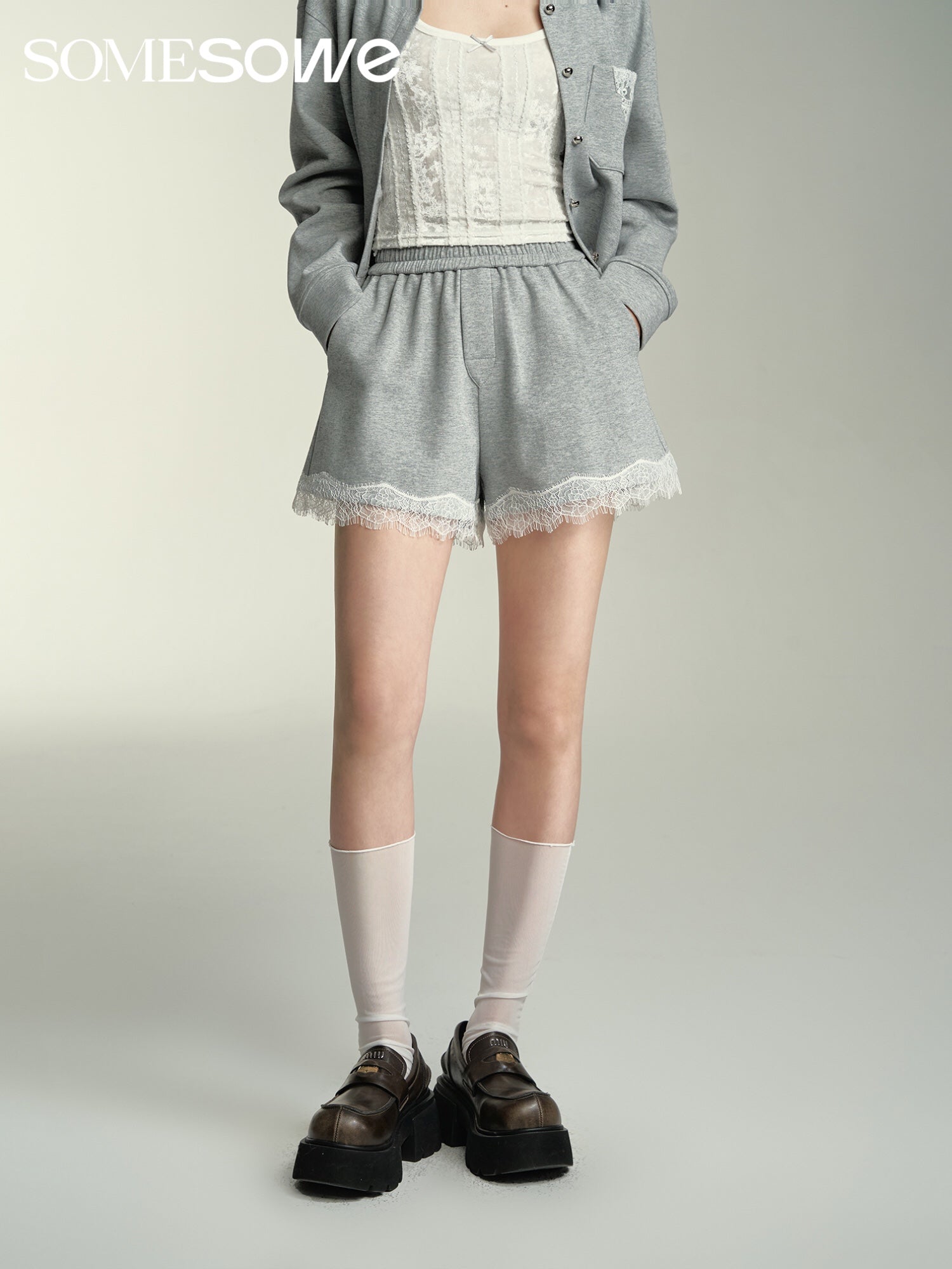 SOMESOWE Lace Hooded Cardigan Or Shorts Set(Separate)