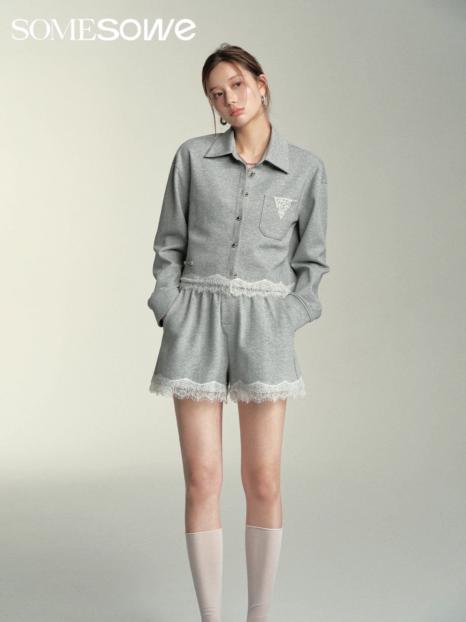 SOMESOWE Lace Hooded Cardigan Or Shorts Set(Separate)