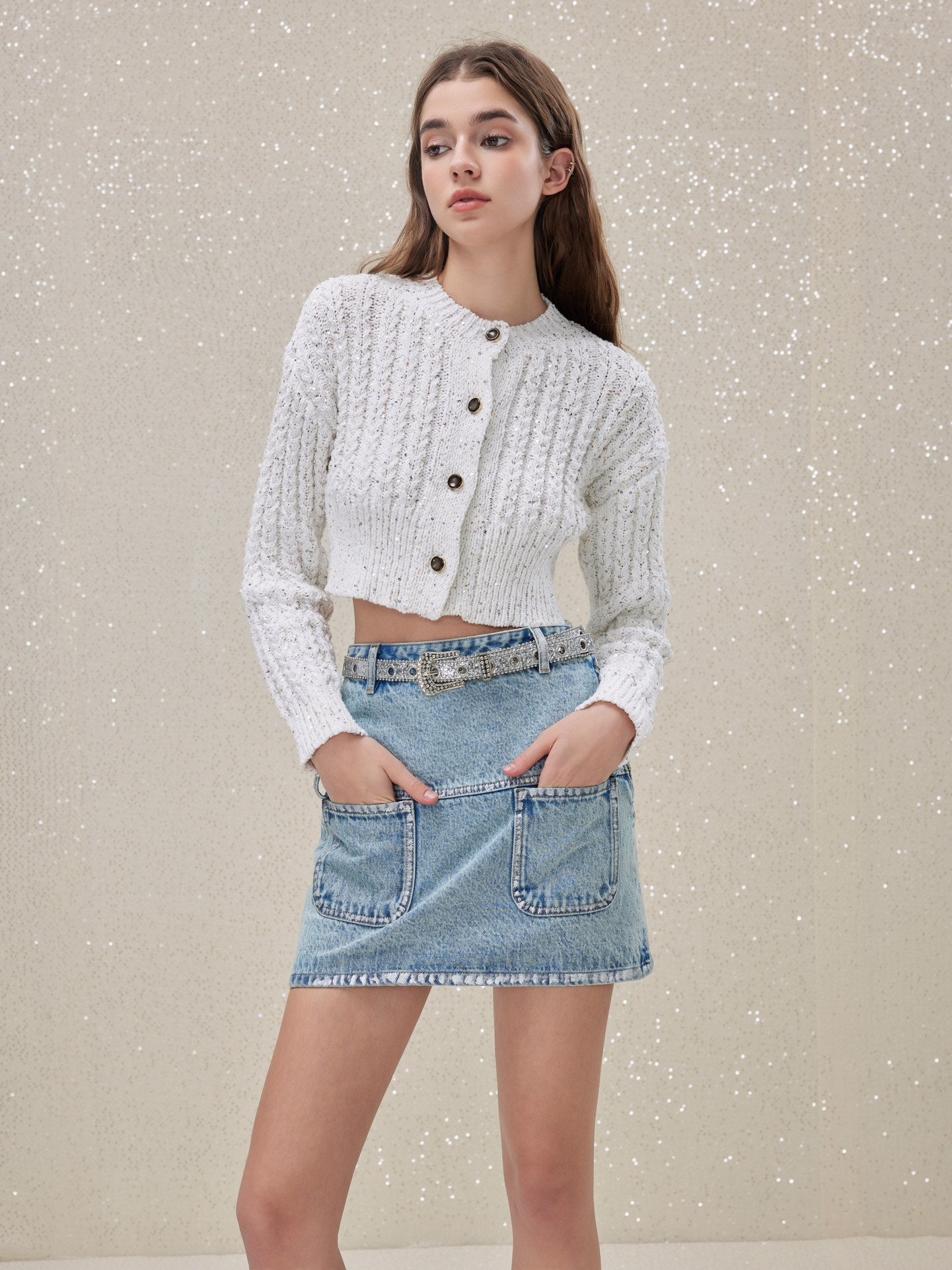 ROCHA ROMA Sequin Knit Cardigan Or Denim Skirt Set(Separate)