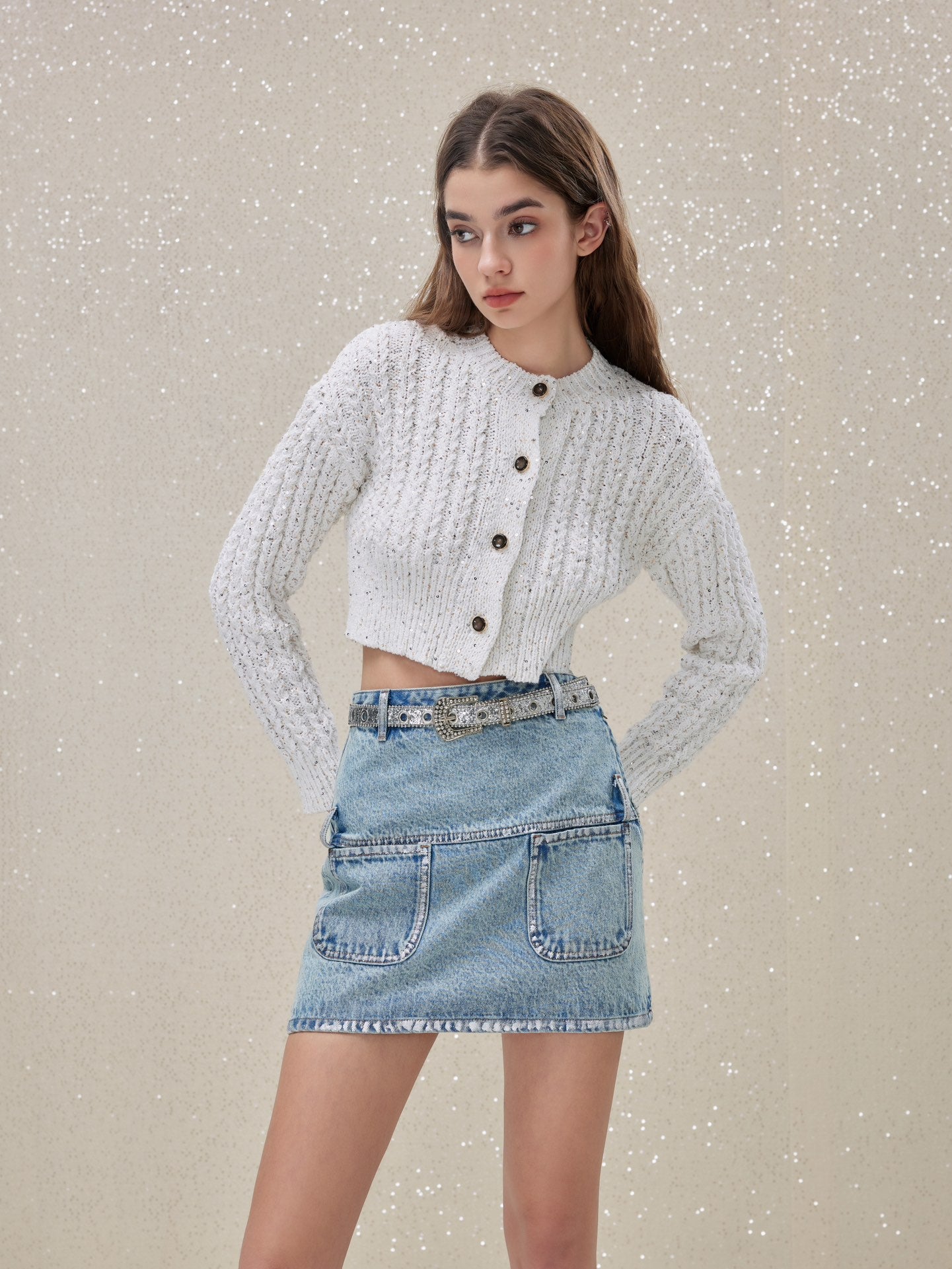 ROCHA ROMA Sequin Knit Cardigan Or Denim Skirt Set(Separate)