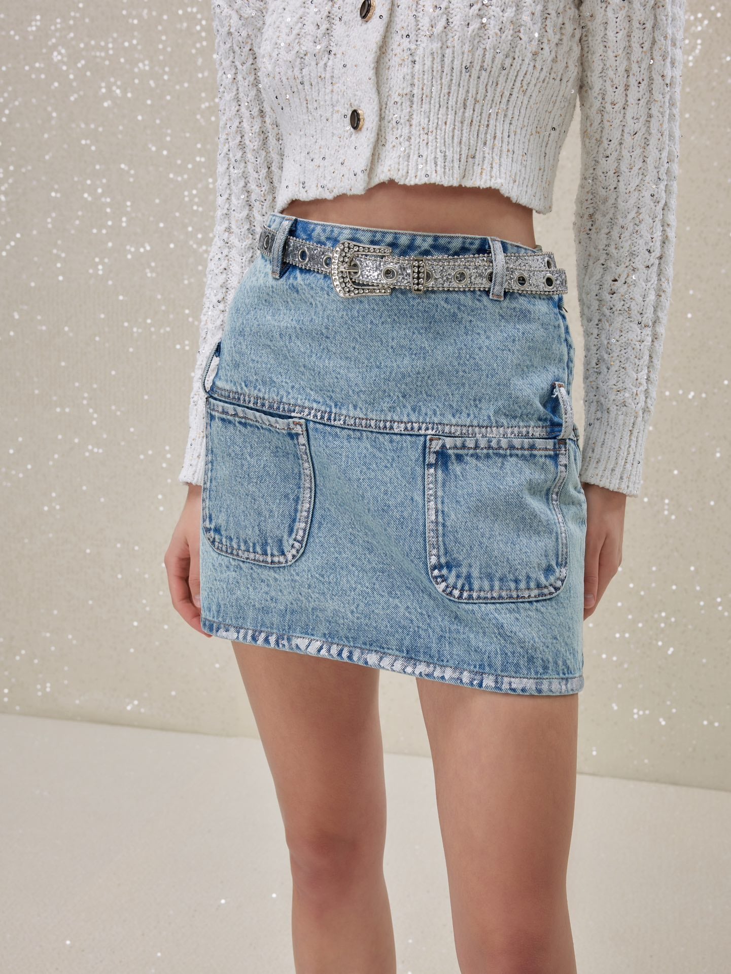 ROCHA ROMA Sequin Knit Cardigan Or Denim Skirt Set(Separate)