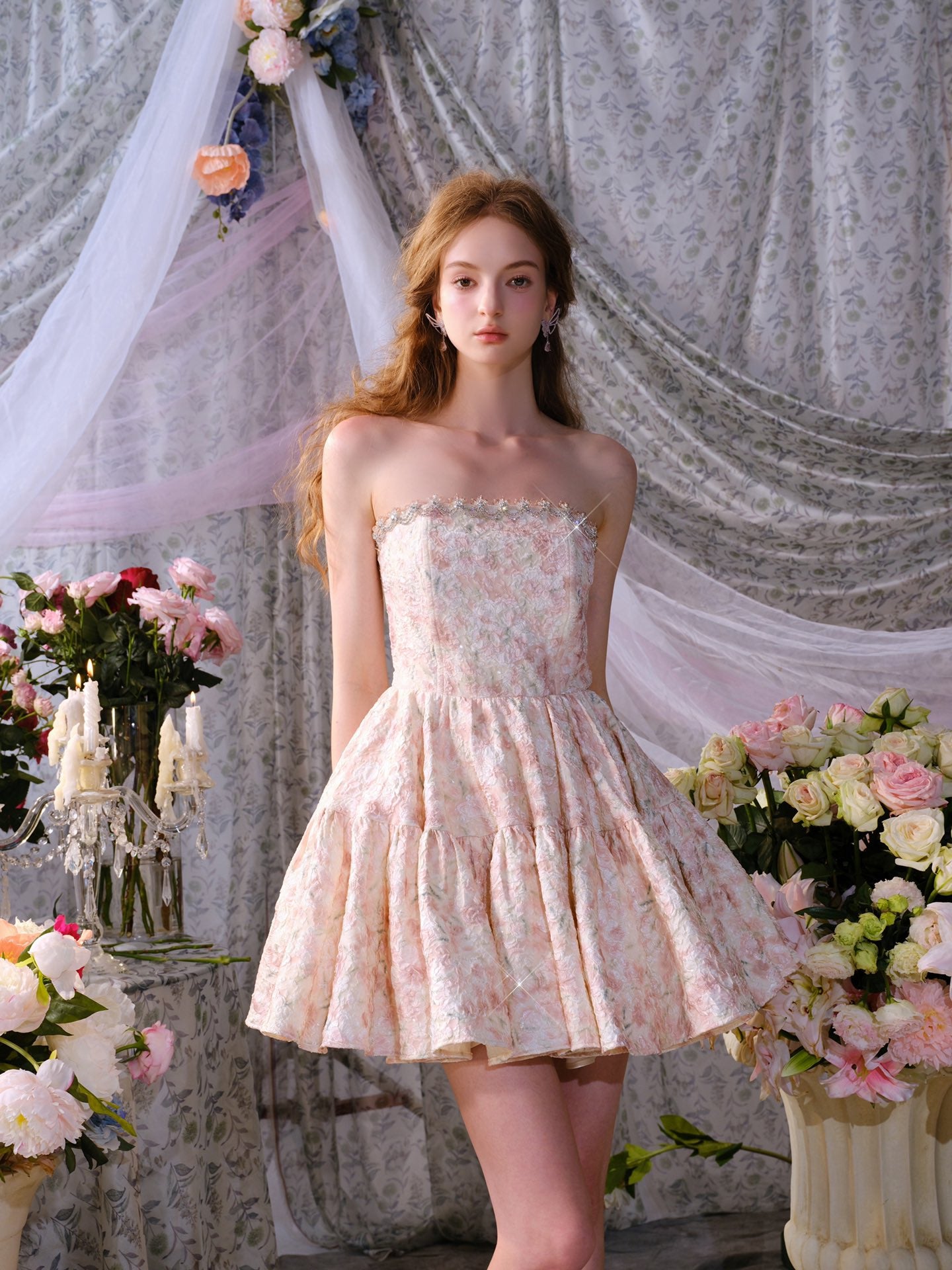 Wardrobes by chen Crystal Floral Print Strapless Dress