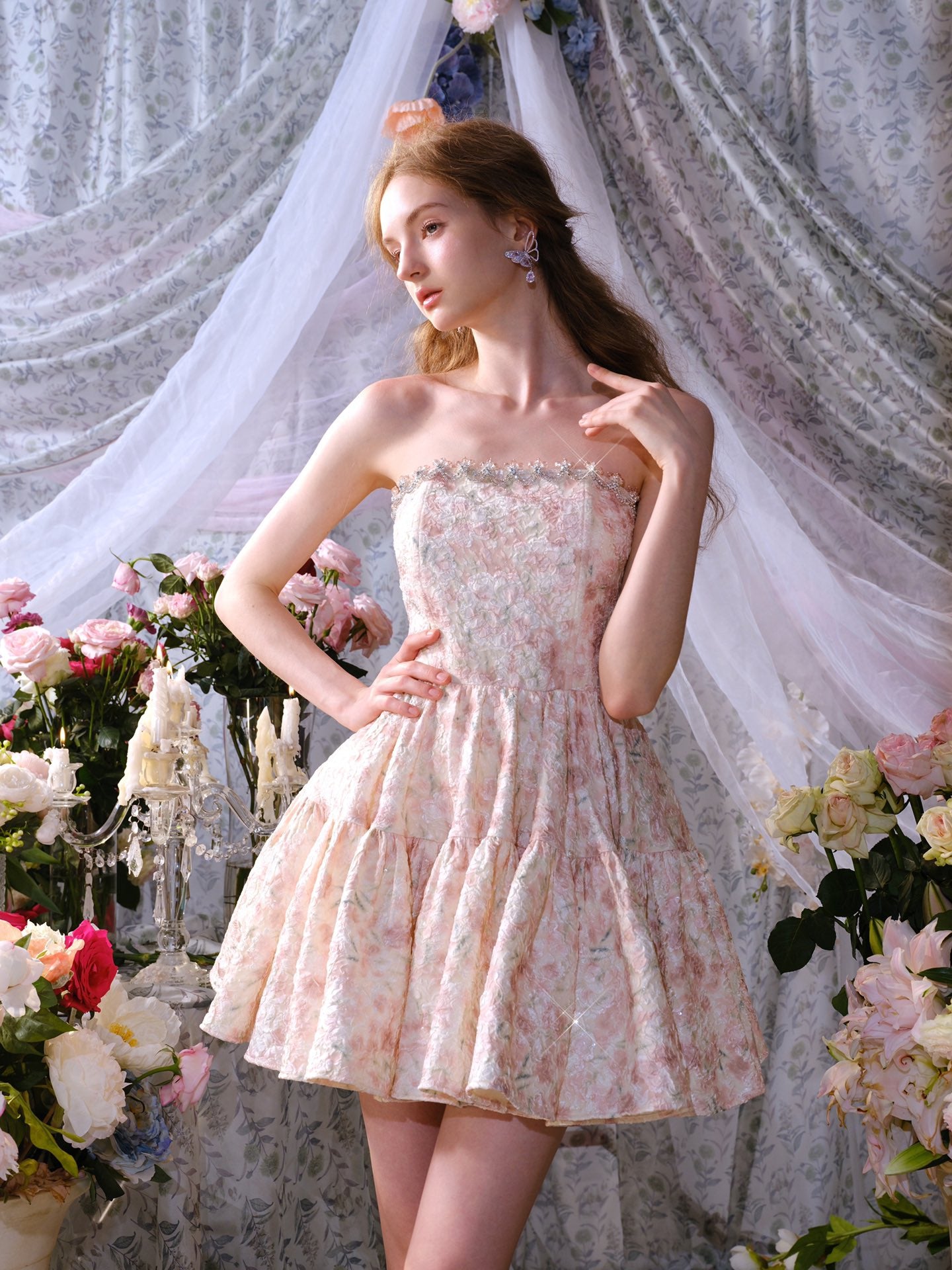 Wardrobes by chen Crystal Floral Print Strapless Dress