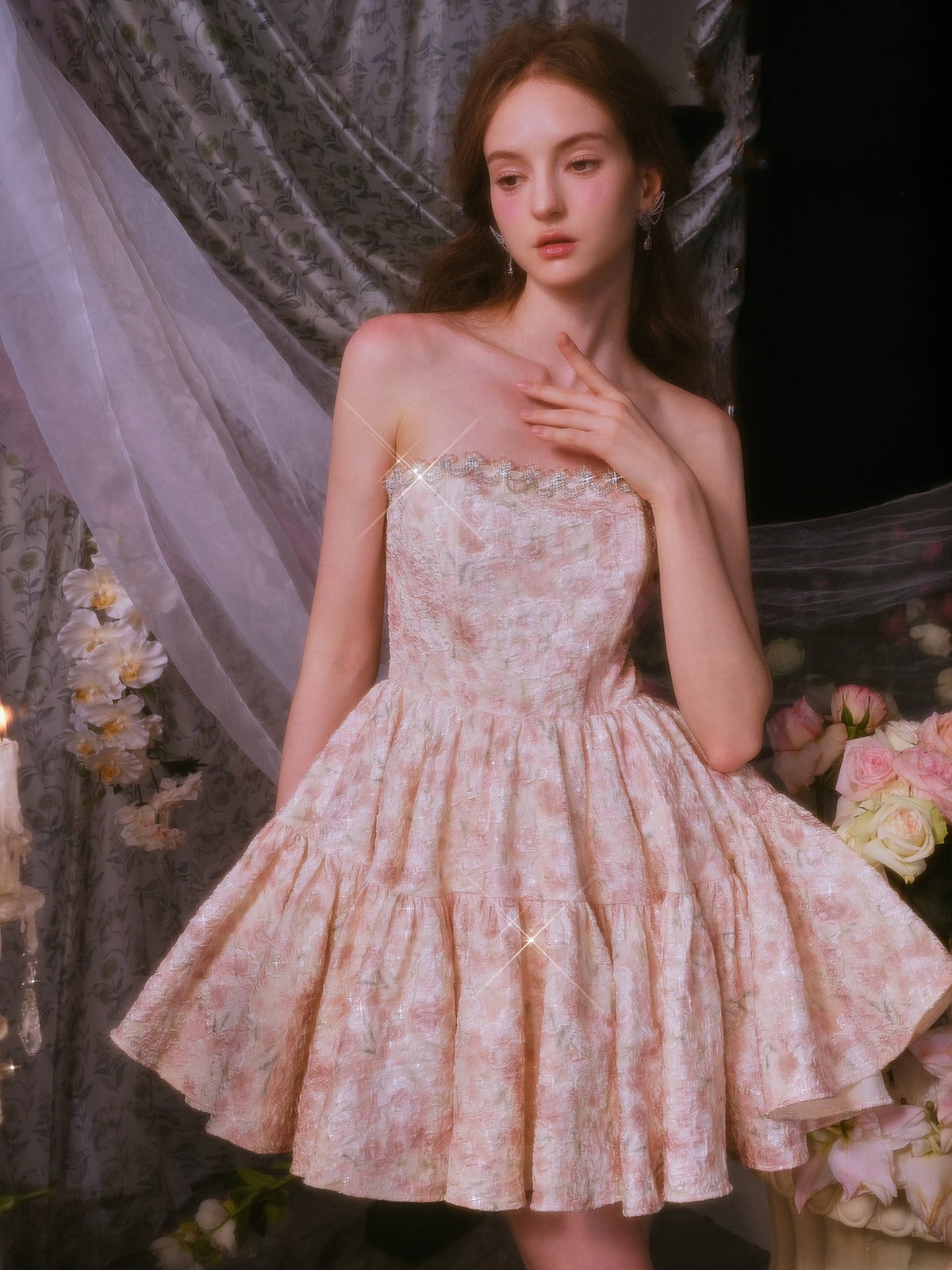 Wardrobes by chen Crystal Floral Print Strapless Dress
