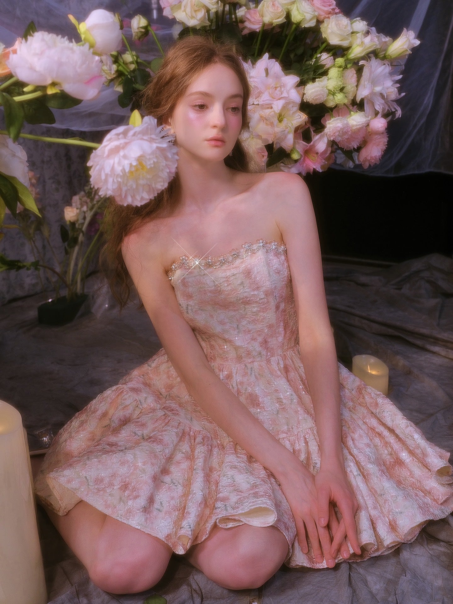 Wardrobes by chen Crystal Floral Print Strapless Dress