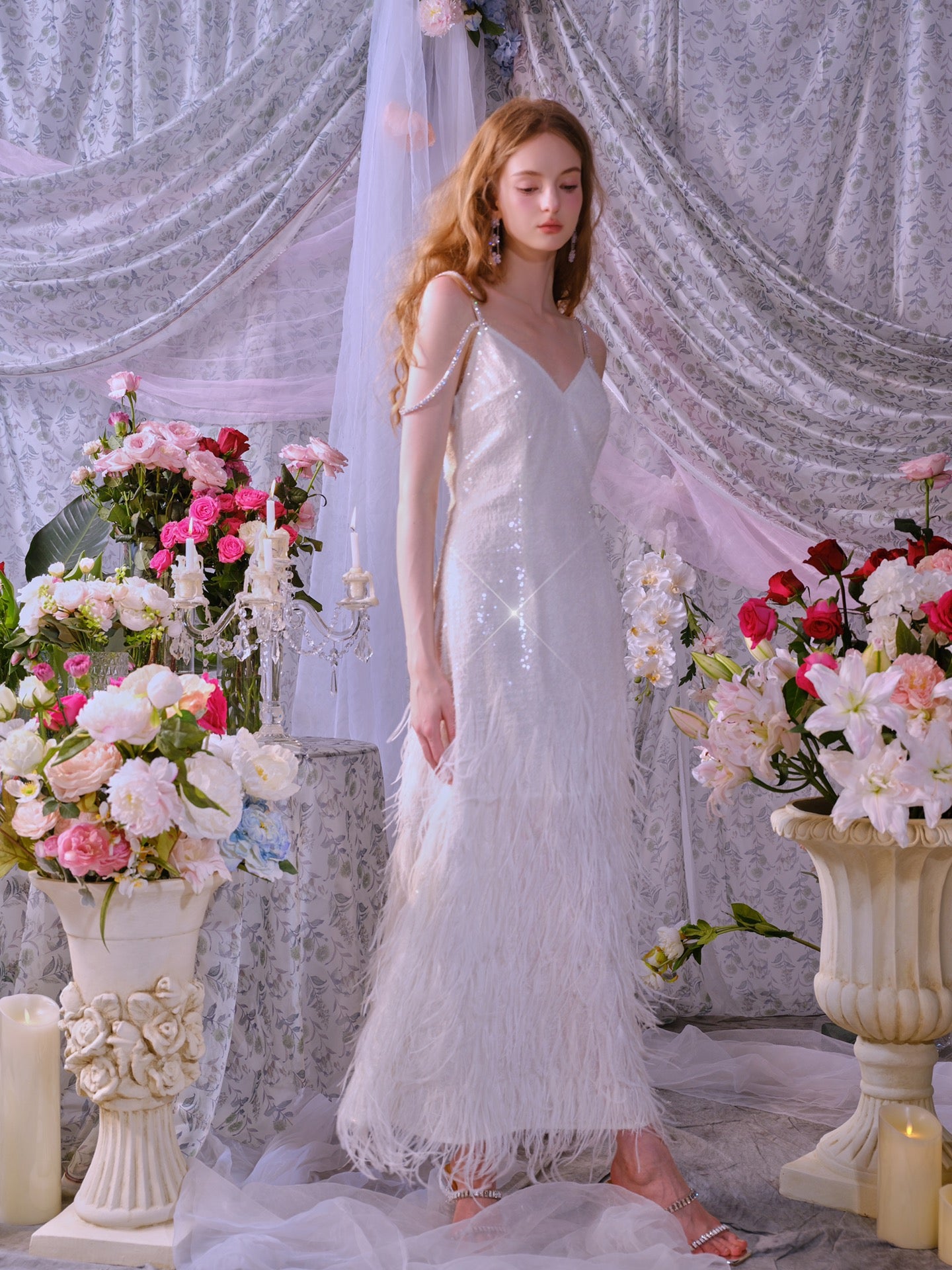 Wardrobes by chen Sequin Feather V-neck Dress