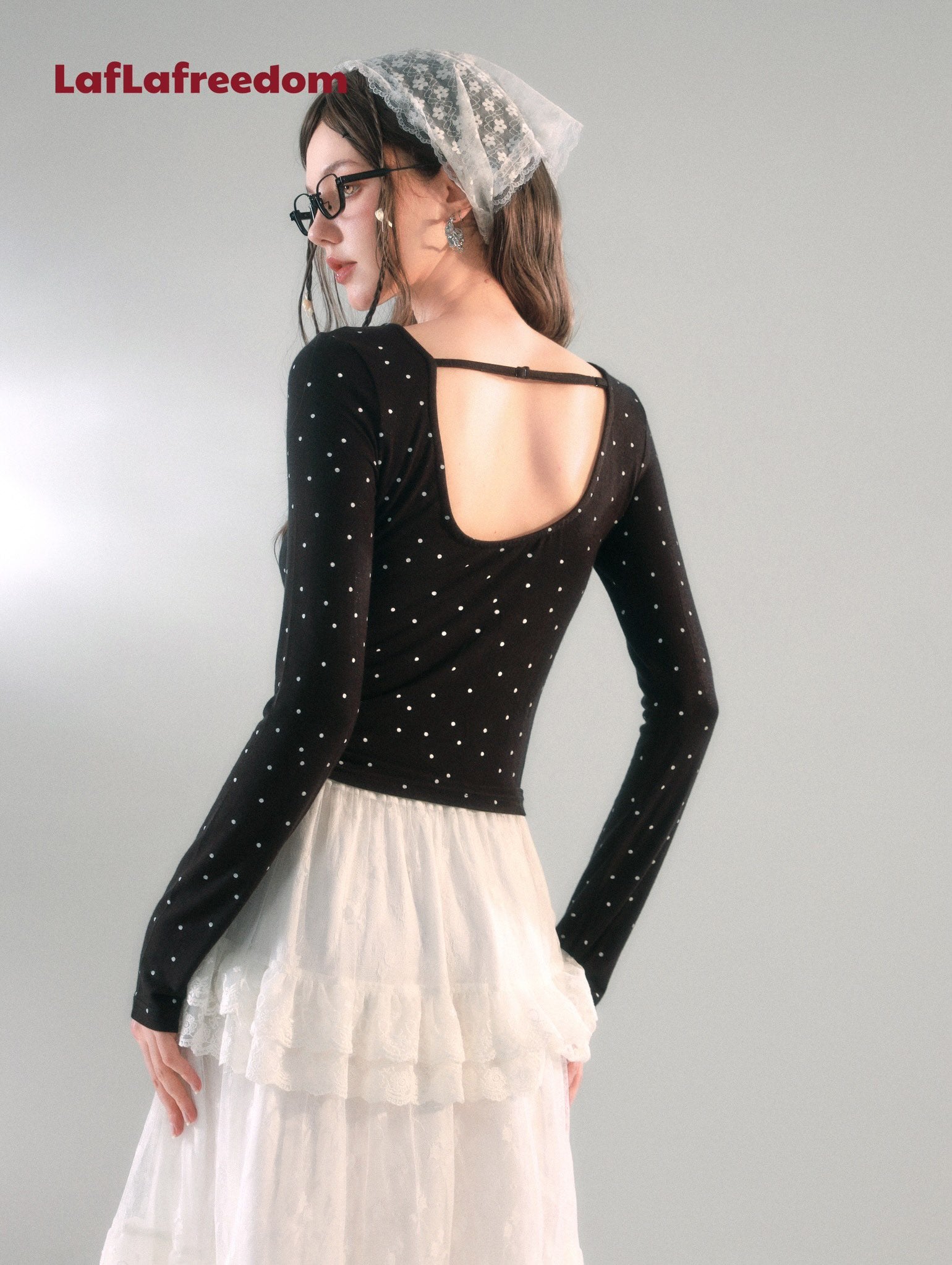 LAFREEDOM SALE Bowknot Polka Dot Knit Backless Top