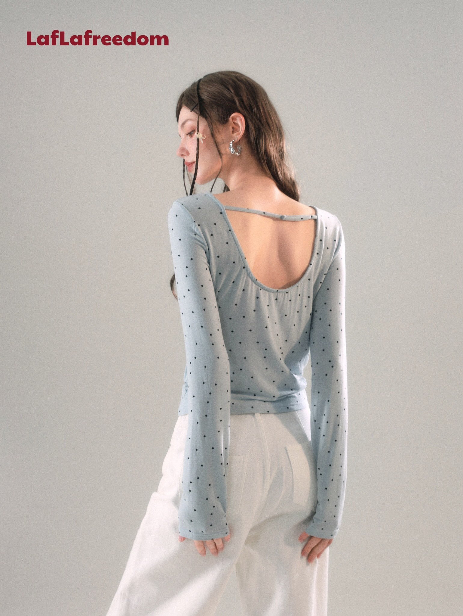 LAFREEDOM SALE Bowknot Polka Dot Knit Backless Top