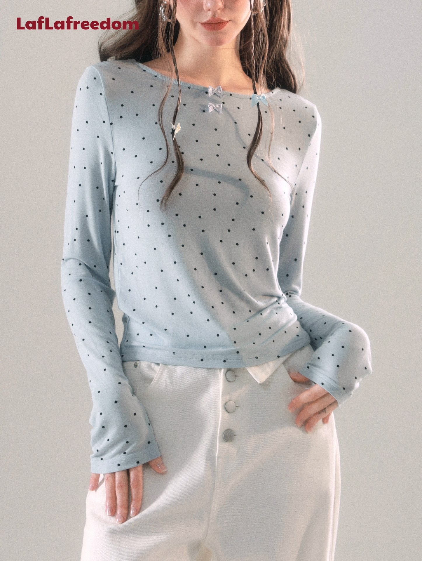 LAFREEDOM SALE Bowknot Polka Dot Knit Backless Top