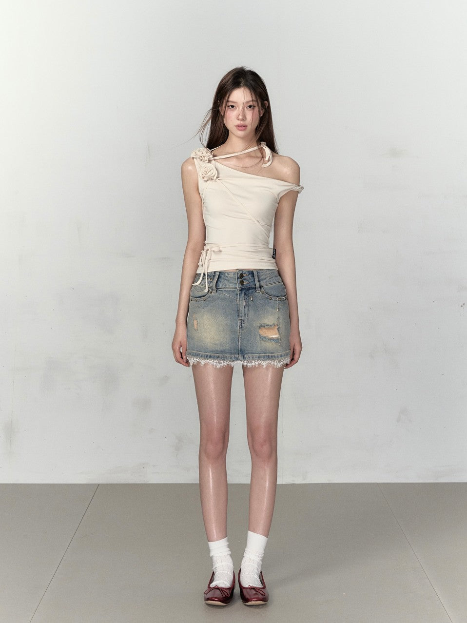 VIA PITTI in stock sale One-Shoulder Rose Top(2color)