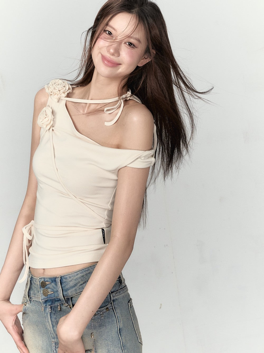 VIA PITTI in stock sale One-Shoulder Rose Top(2color)