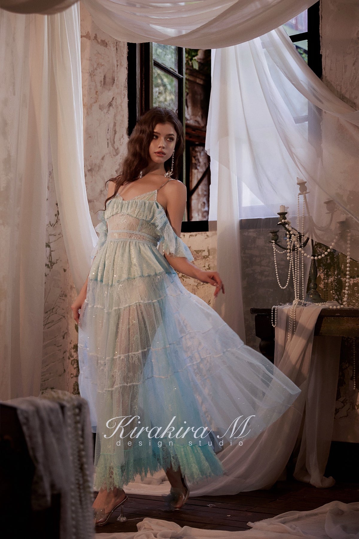 Kirakira.M Rhinestone Embellished Lace Layered Dress(with pants)
