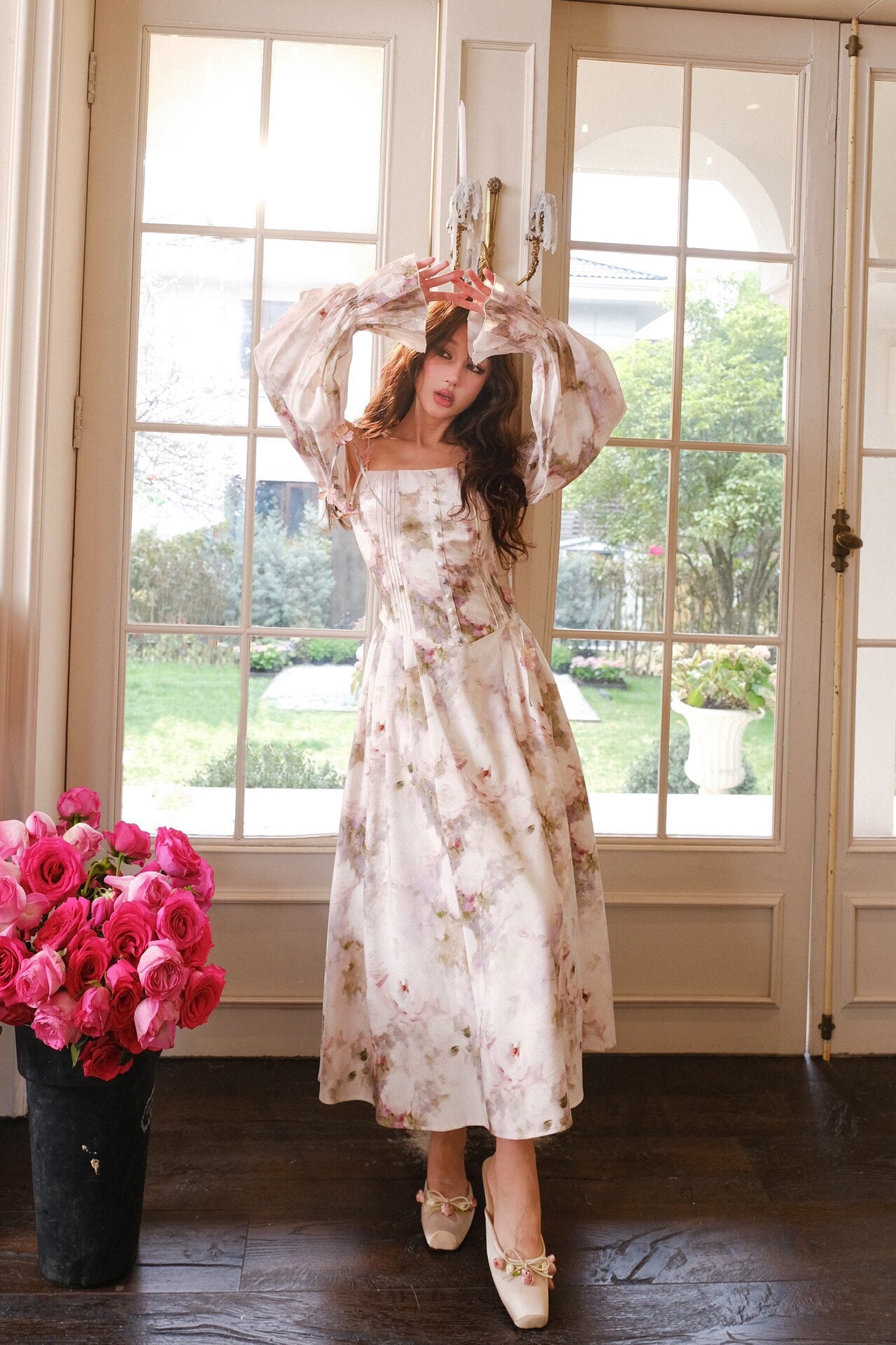 Jean Soo PETAL SLEEVE PAITING MIDI DRESS