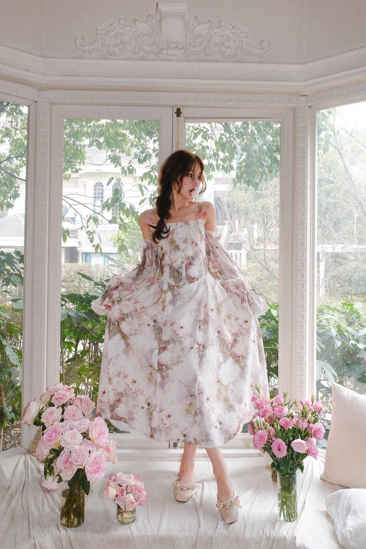 Jean Soo PETAL SLEEVE PAITING MIDI DRESS