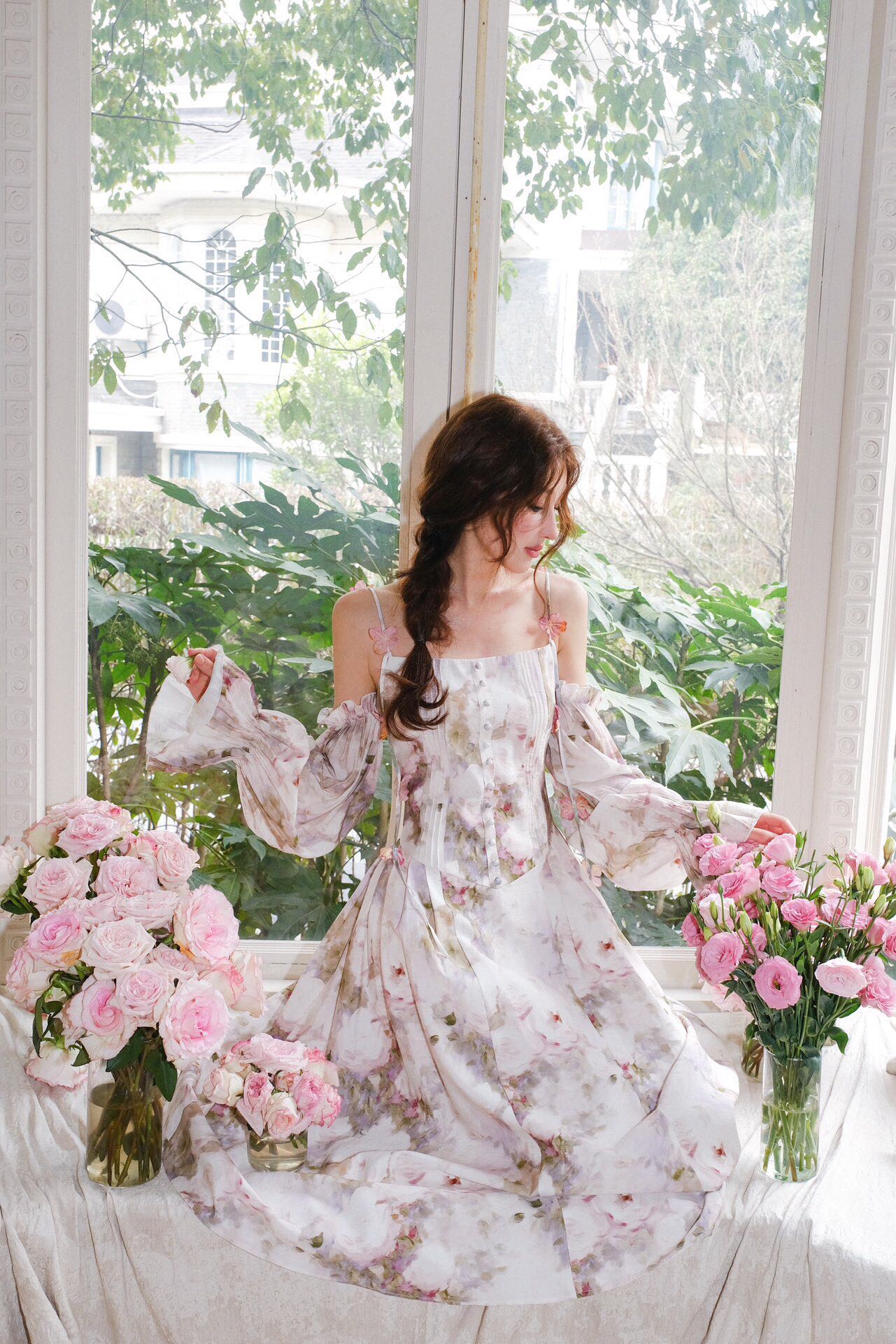 Jean Soo PETAL SLEEVE PAITING MIDI DRESS
