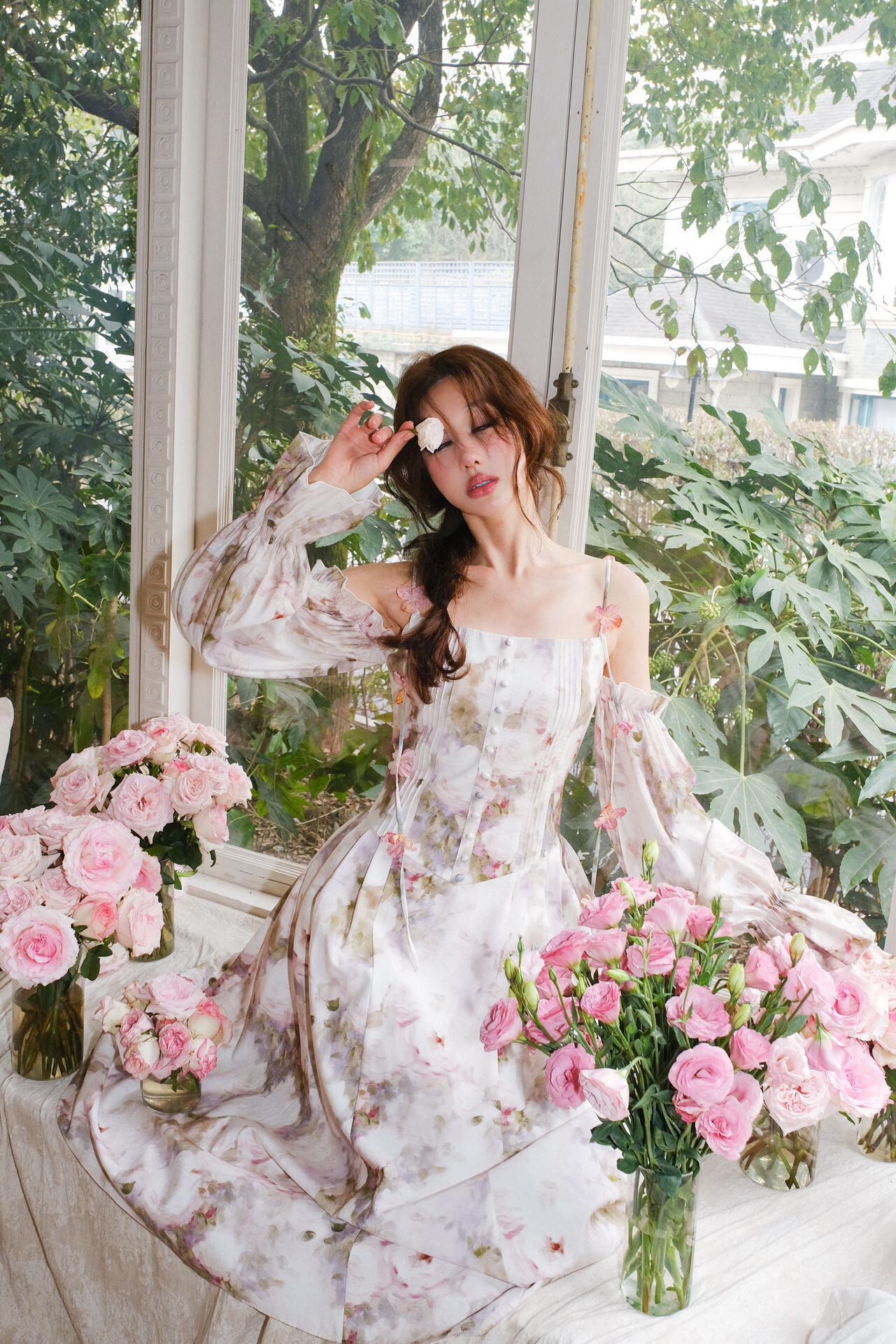 Jean Soo PETAL SLEEVE PAITING MIDI DRESS
