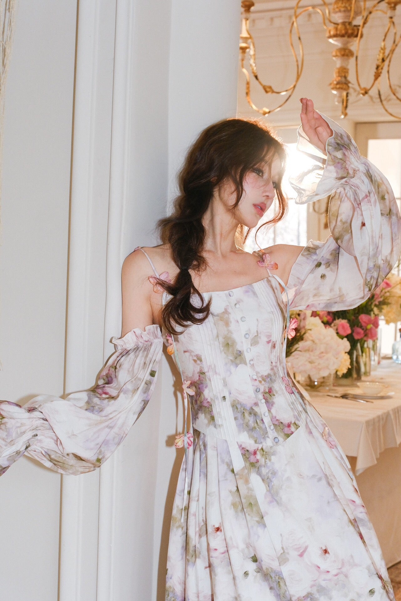 Jean Soo PETAL SLEEVE PAITING MIDI DRESS