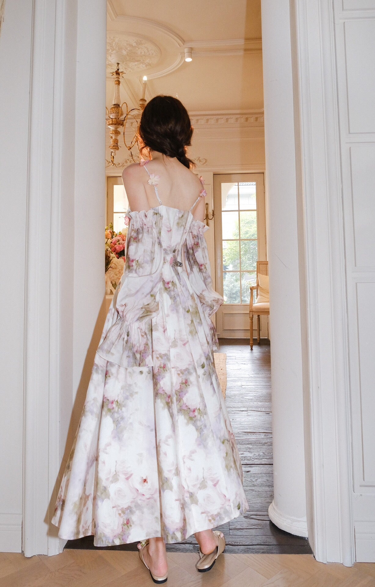 Jean Soo PETAL SLEEVE PAITING MIDI DRESS