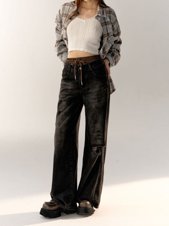 AsGony Oversize Grid Shirt & Broken Jeans