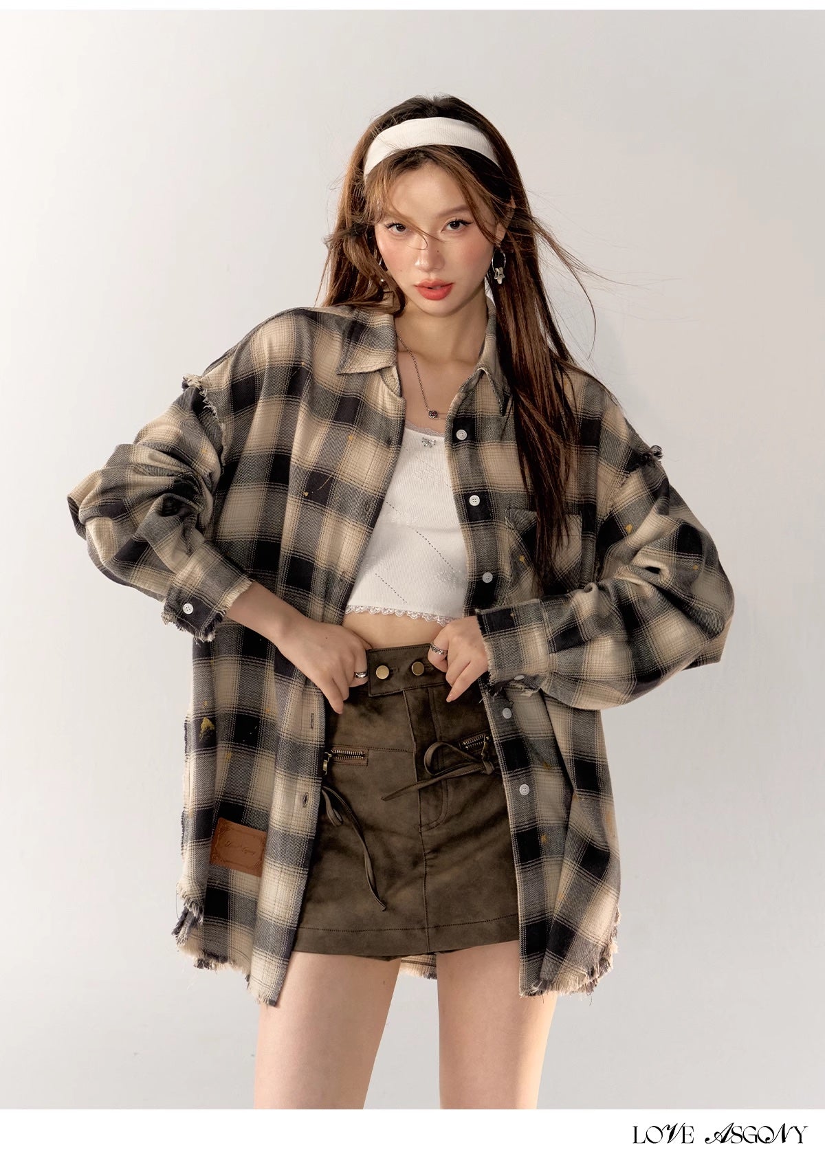 AsGony Label Grid Shirt & High Waist Jeans