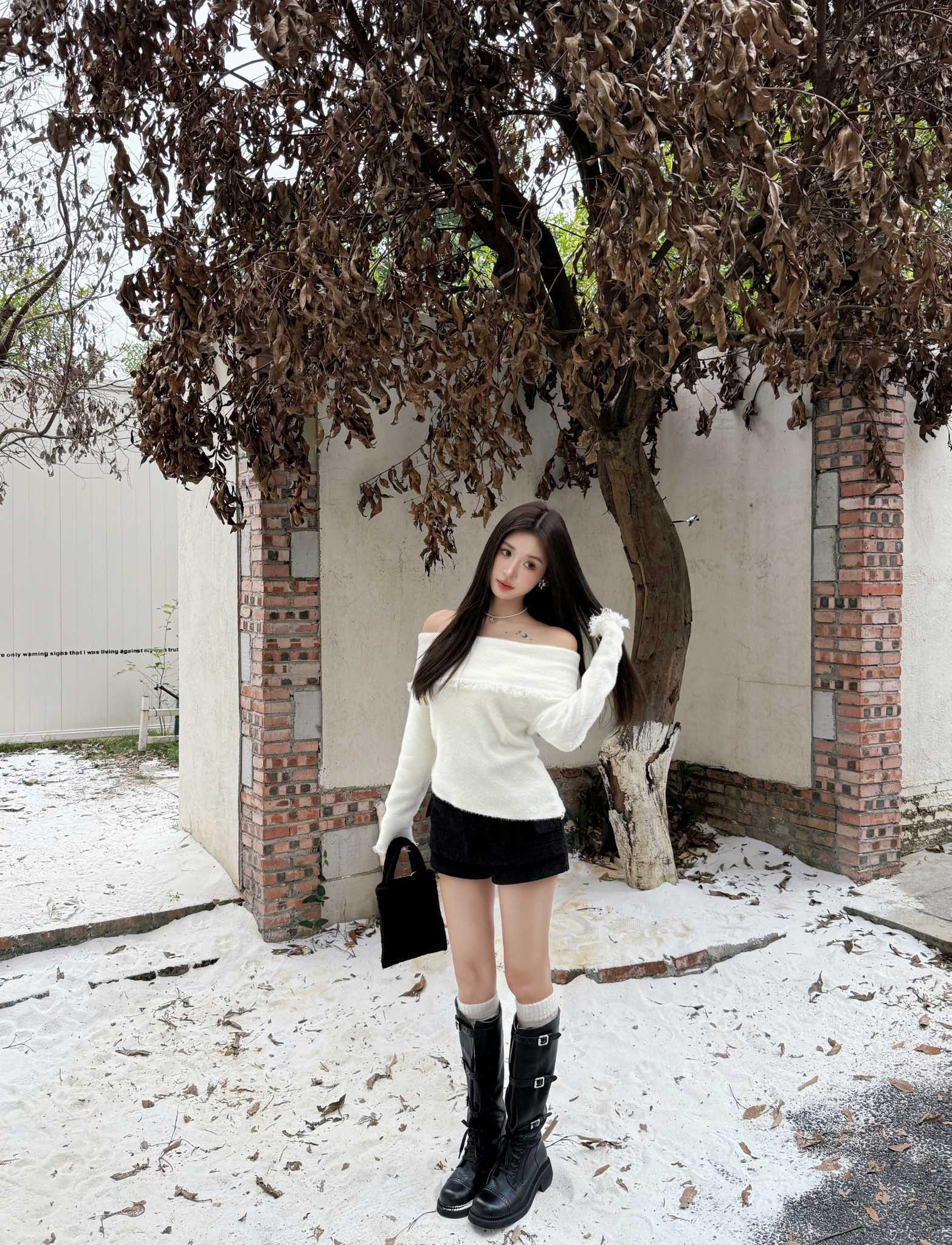 West.Y White Off-shoulder Top & Black Shorts