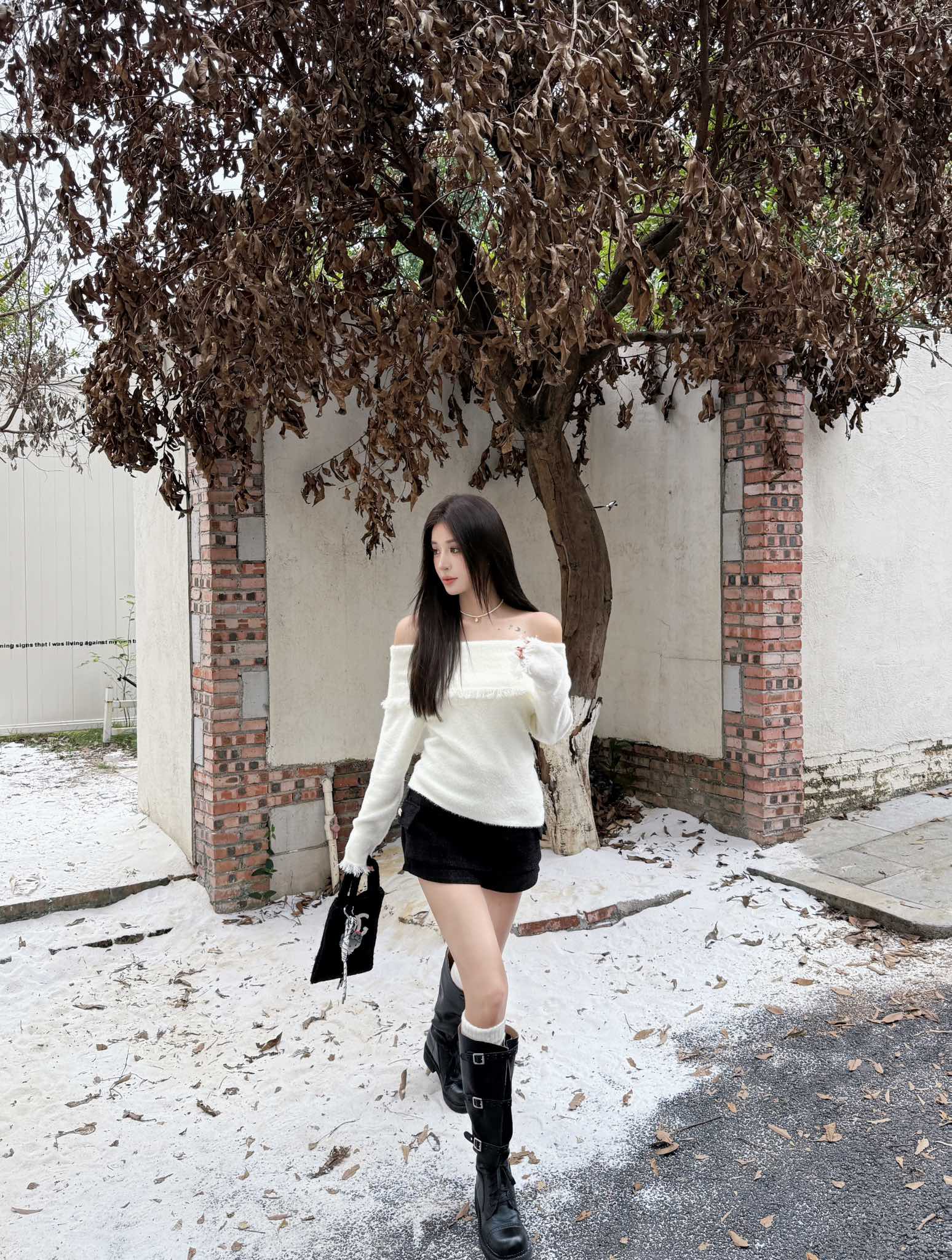 West.Y White Off-shoulder Top & Black Shorts