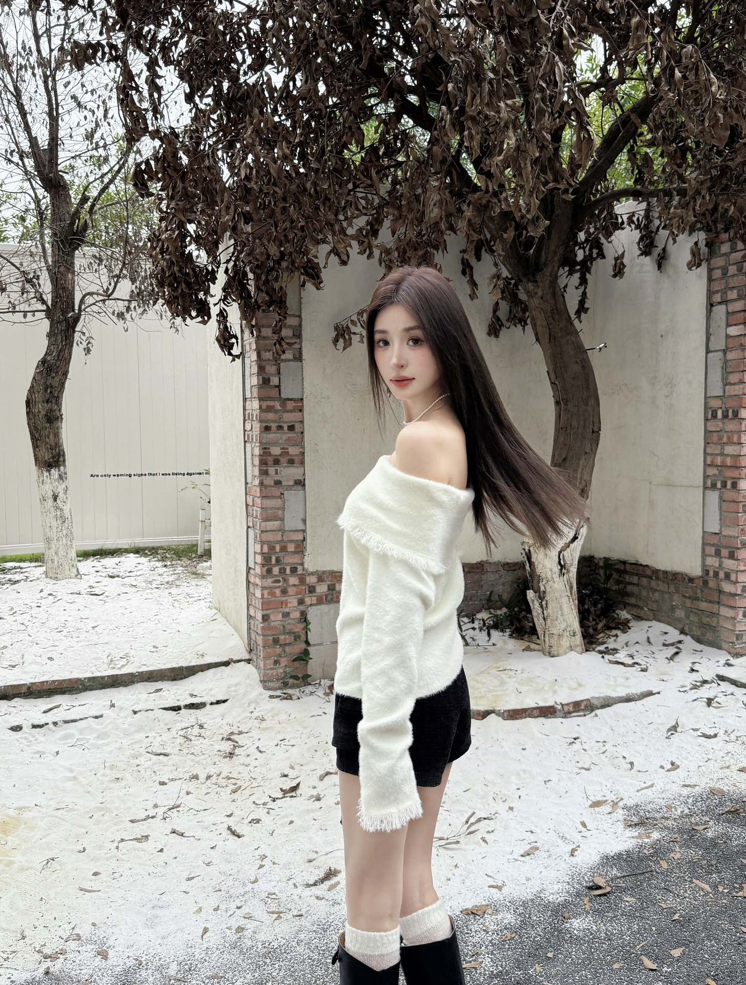 West.Y White Off-shoulder Top & Black Shorts