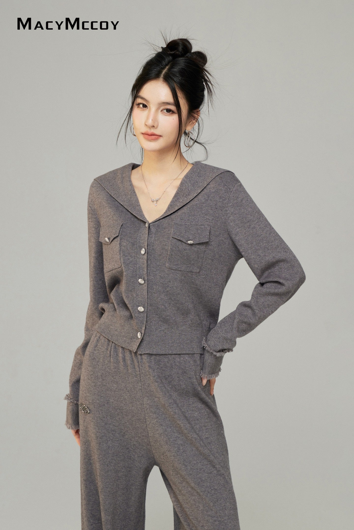 Macy Mccoy MMC2025001 Big collar knitted top + pants set (2color)