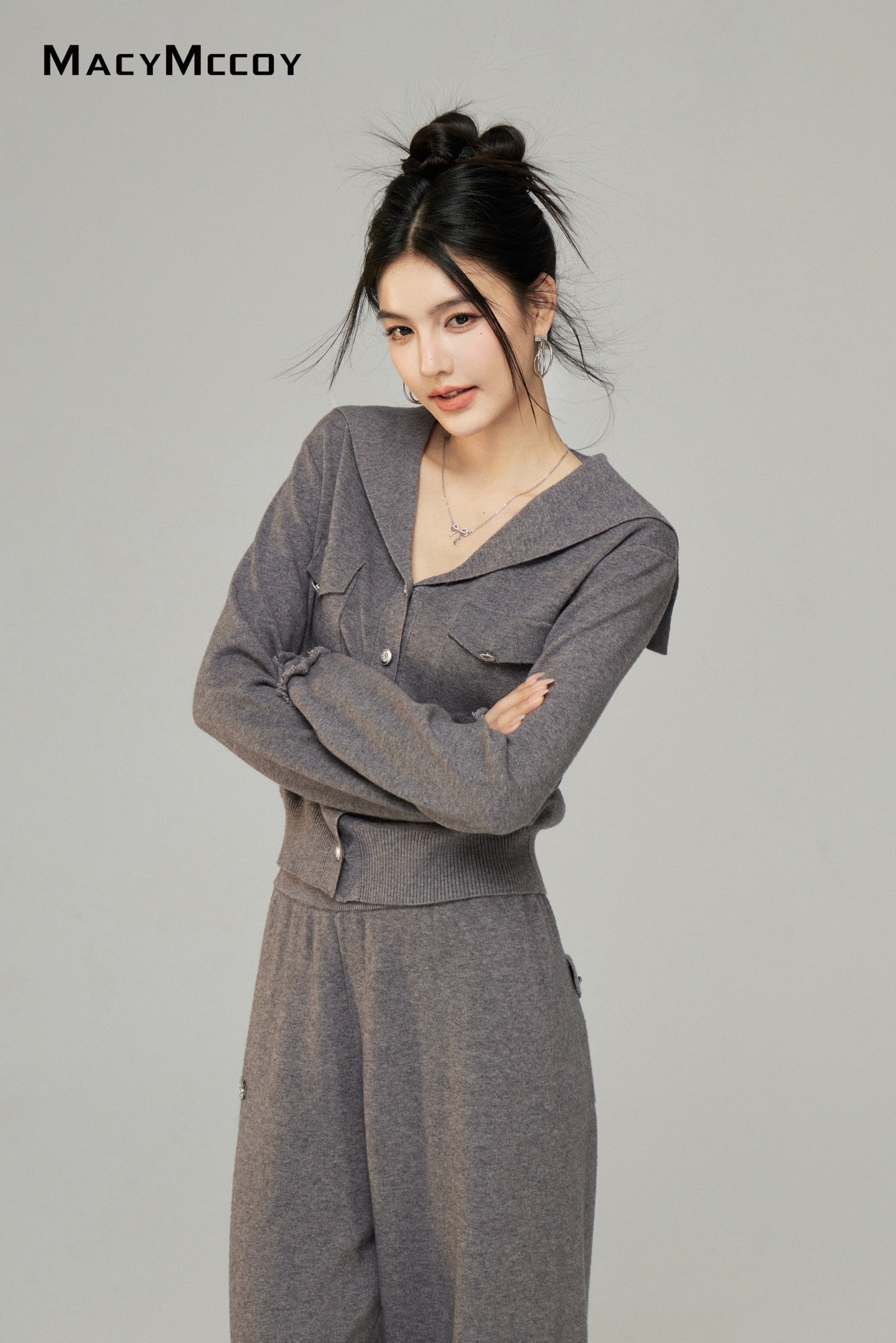 Macy Mccoy MMC2025001 Big collar knitted top + pants set (2color)