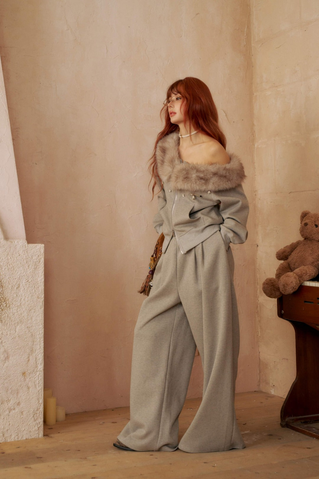 Cloud Season Hoodie Set with Detachable Fur Collar(SEPERATE)