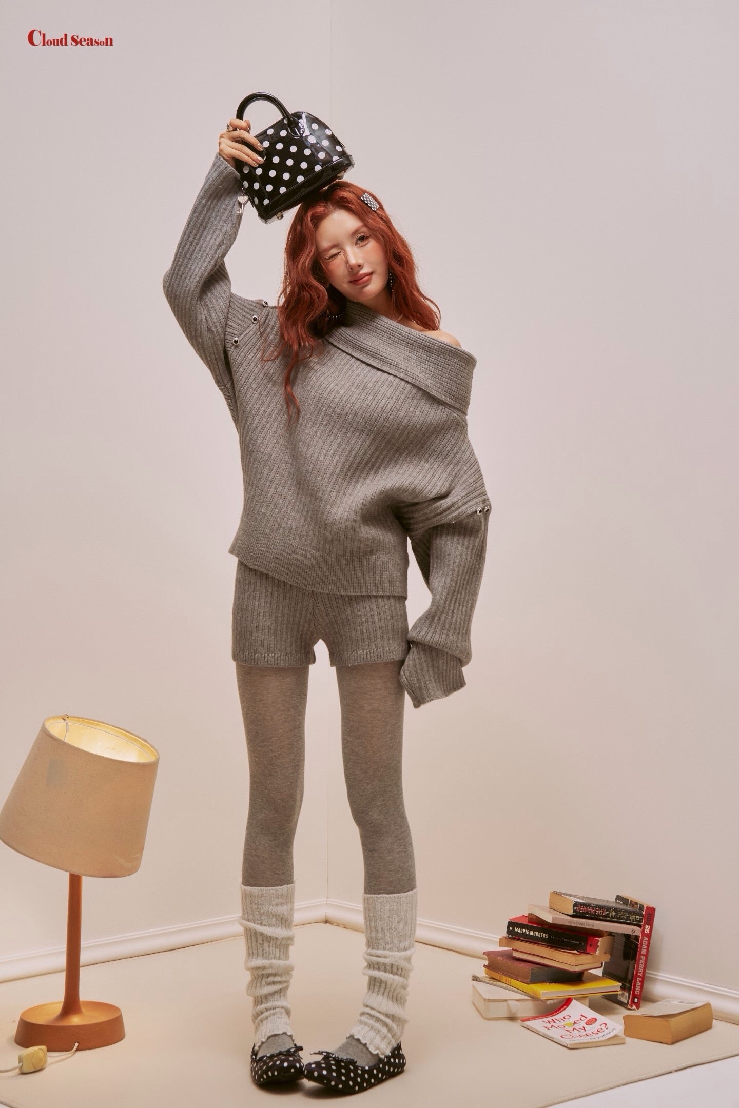 Cloud Season Off-Shoulder Oversized Gray Knit Set