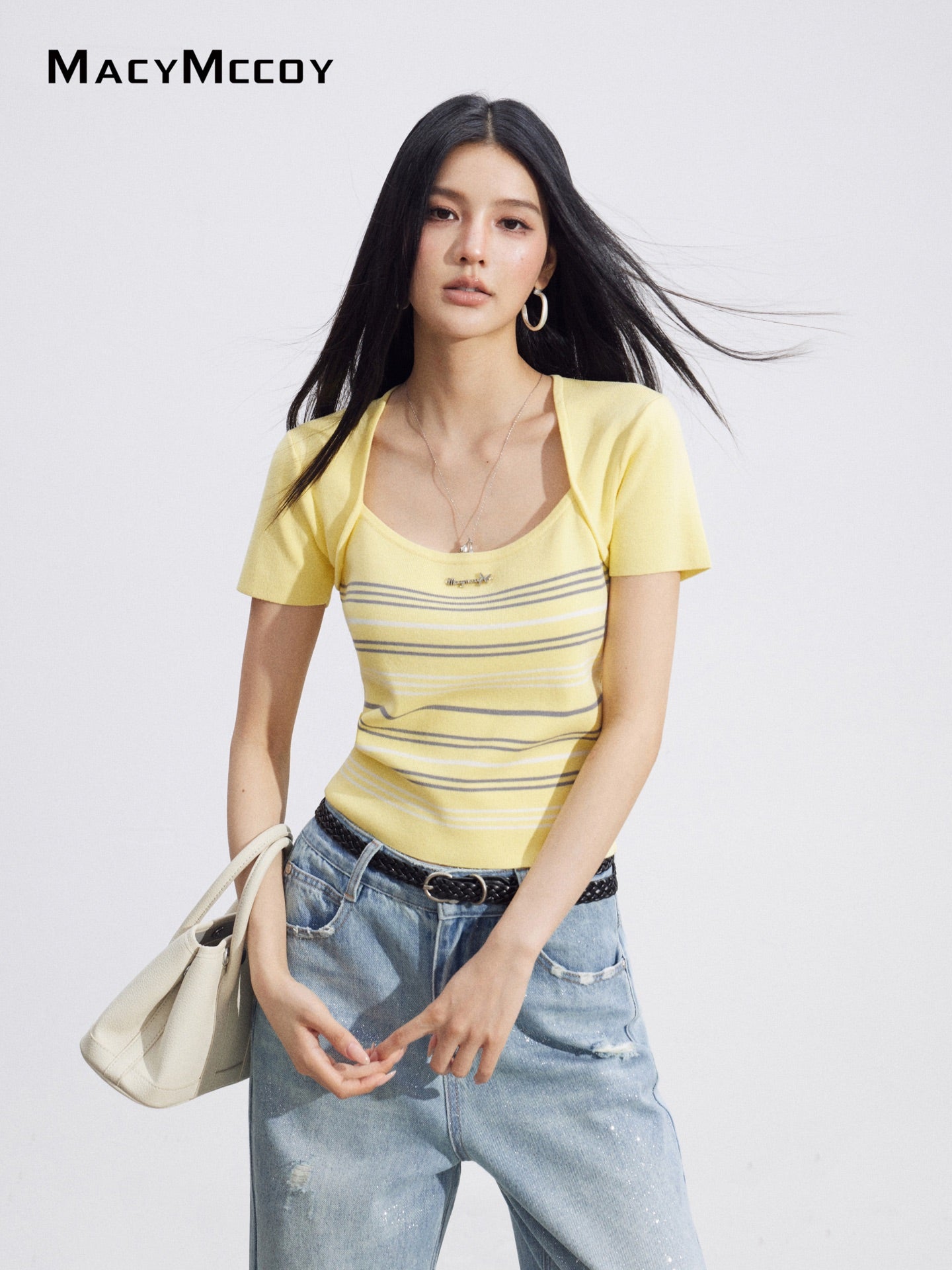 MacyMccoy MMC2026093 Faux Two-Piece Striped Ice Silk Top(2color)