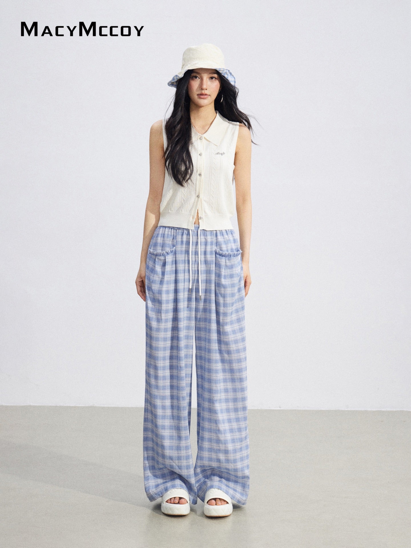 MacyMccoy MMC2026088 Plaid Lace Trim Wide Pants