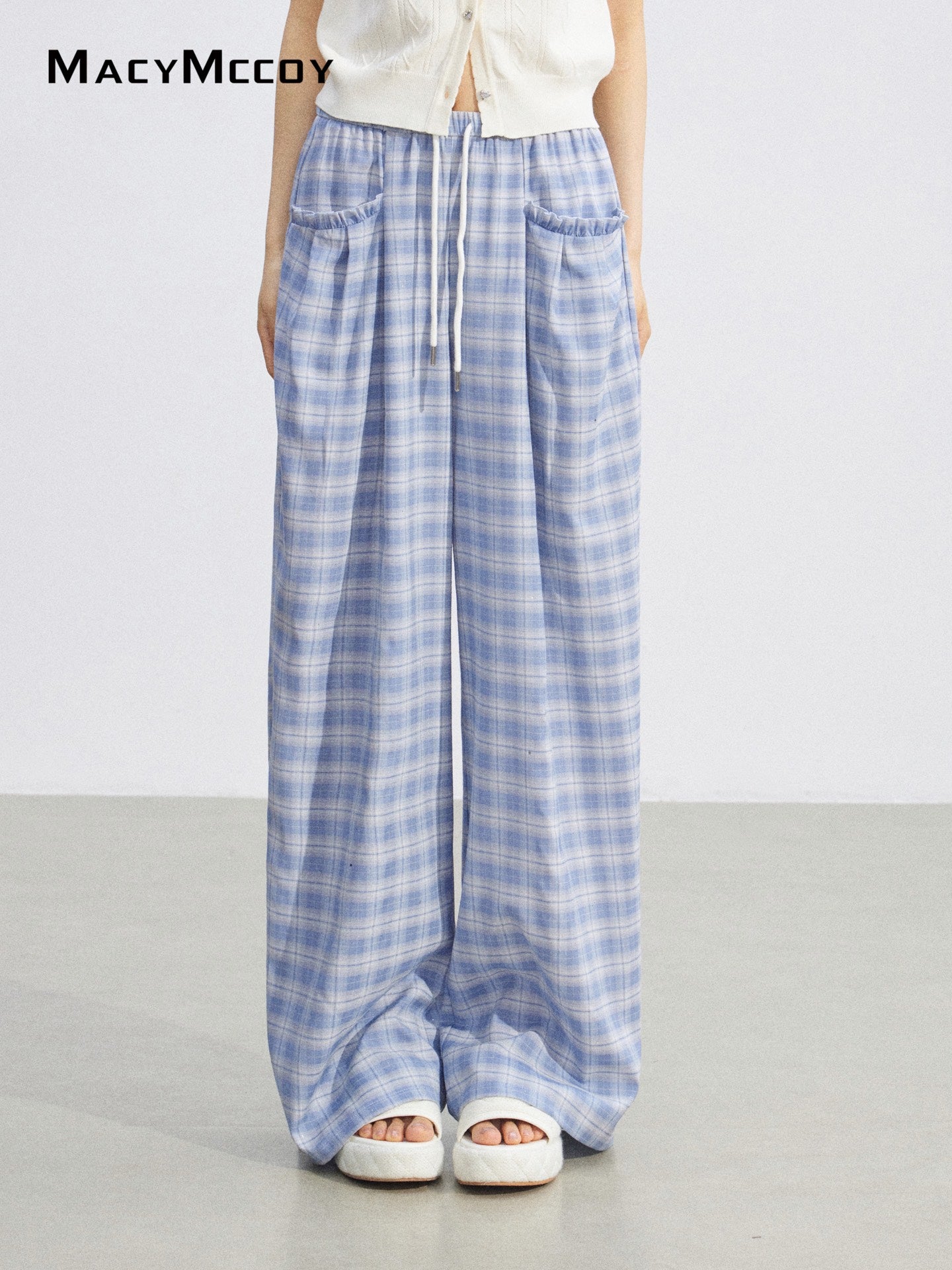 MacyMccoy MMC2026088 Plaid Lace Trim Wide Pants