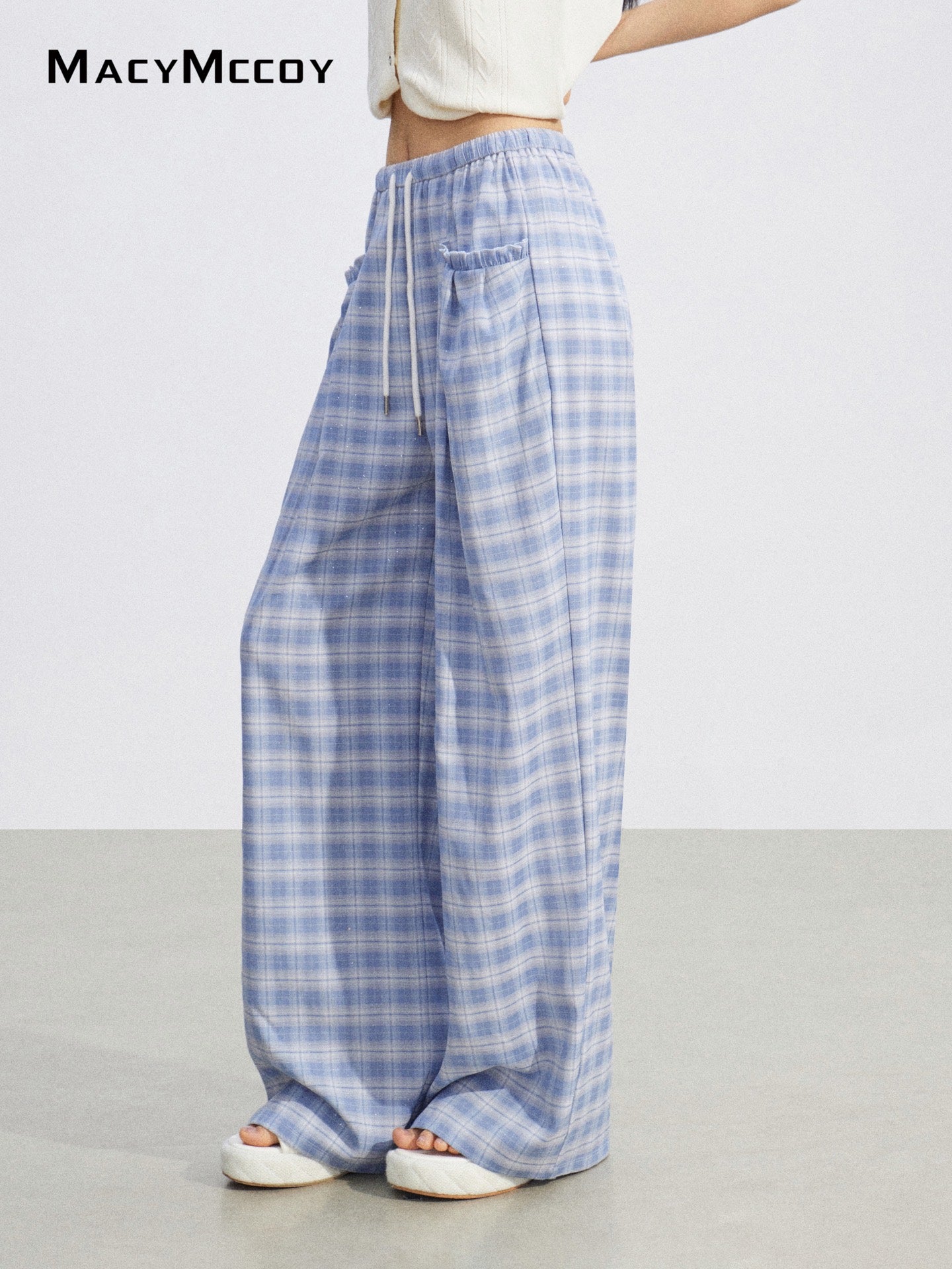 MacyMccoy MMC2026088 Plaid Lace Trim Wide Pants